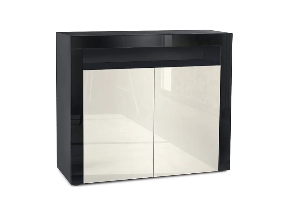 Buffet Valencia, Commode avec 2 portes et 1 compartiment ouvert, Noir mat/crème haute brillance/noir haute brillance (108 x 92 x 40 cm)
