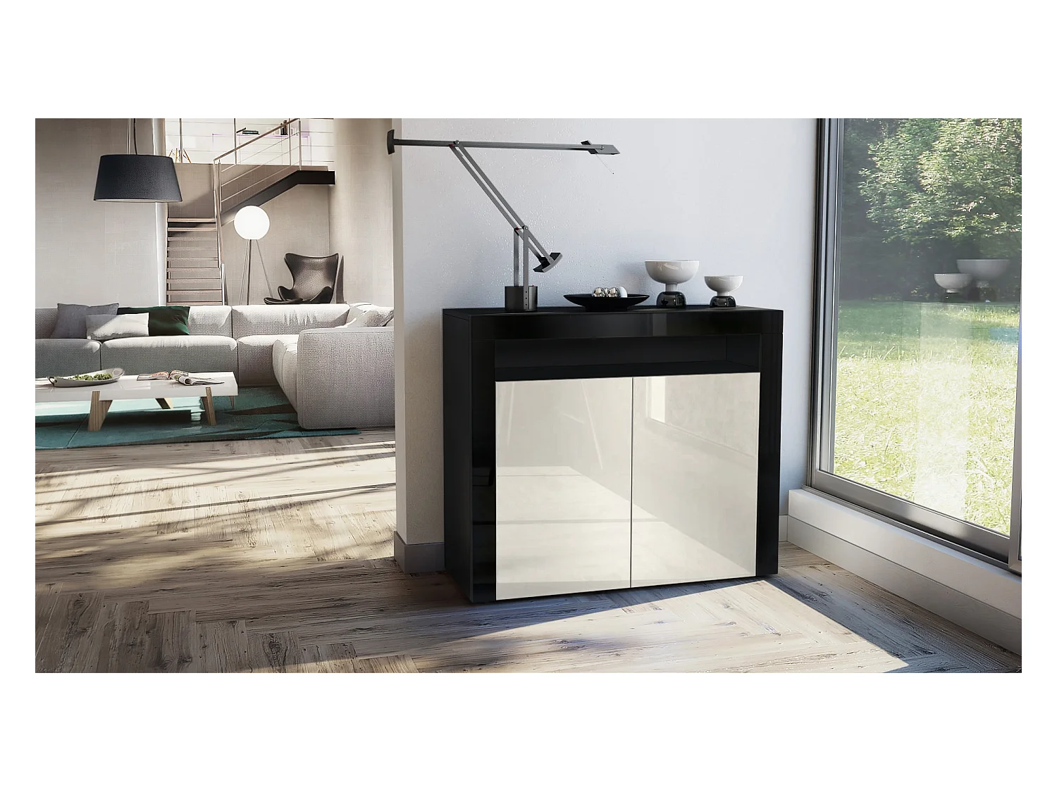 Buffet Valencia, Commode avec 2 portes et 1 compartiment ouvert, Noir mat/crème haute brillance/noir haute brillance (108 x 92 x 40 cm)