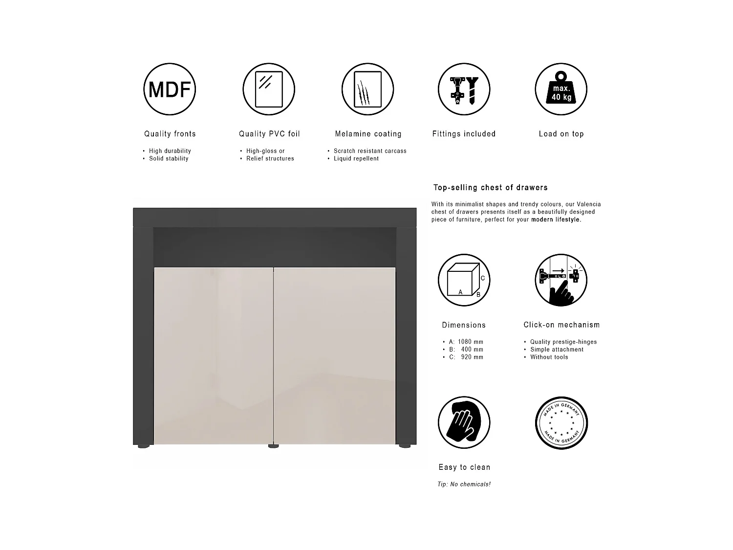 Buffet Valencia, Commode avec 2 portes et 1 compartiment ouvert, Noir mat/crème haute brillance/noir haute brillance (108 x 92 x 40 cm)