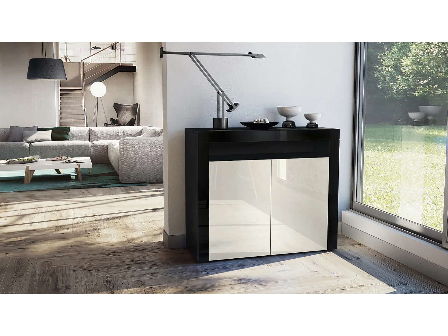 Mobiletto  City, credenza con 2 ante e 1 scomparto aperto, nero opaco/beige lucido/nero lucido (108 x 92 x 40 cm)