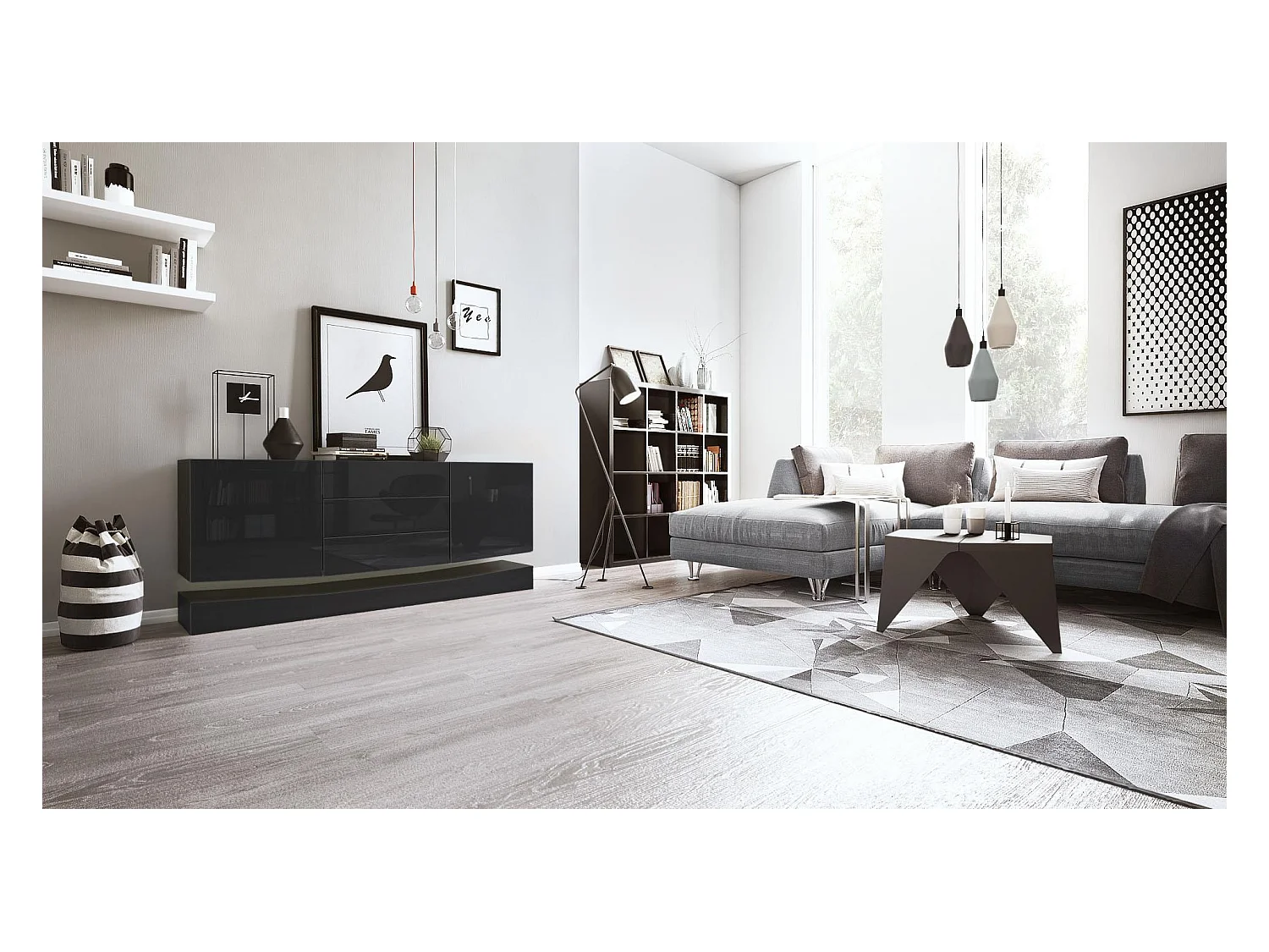 Sideboard City, noir mat/noir haute brillance - Commode moderne pour votre salon (178 x 72 x 38 cm)