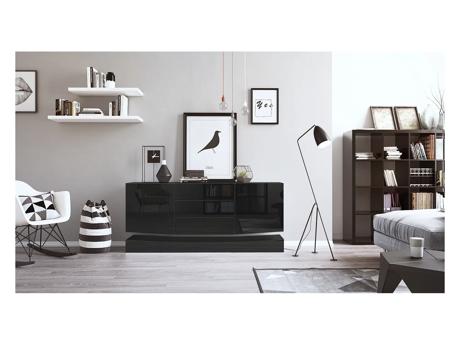 Sideboard City, noir mat/noir haute brillance - Commode moderne pour votre salon (178 x 72 x 38 cm)