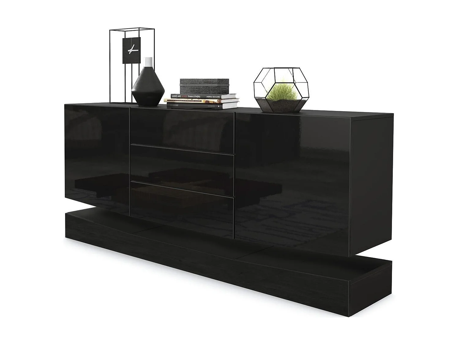 Vladon Sideboard City, nero opaco/nero lucido - Cassettiera moderna per la zona giorno (178 x 72 x 38 cm)