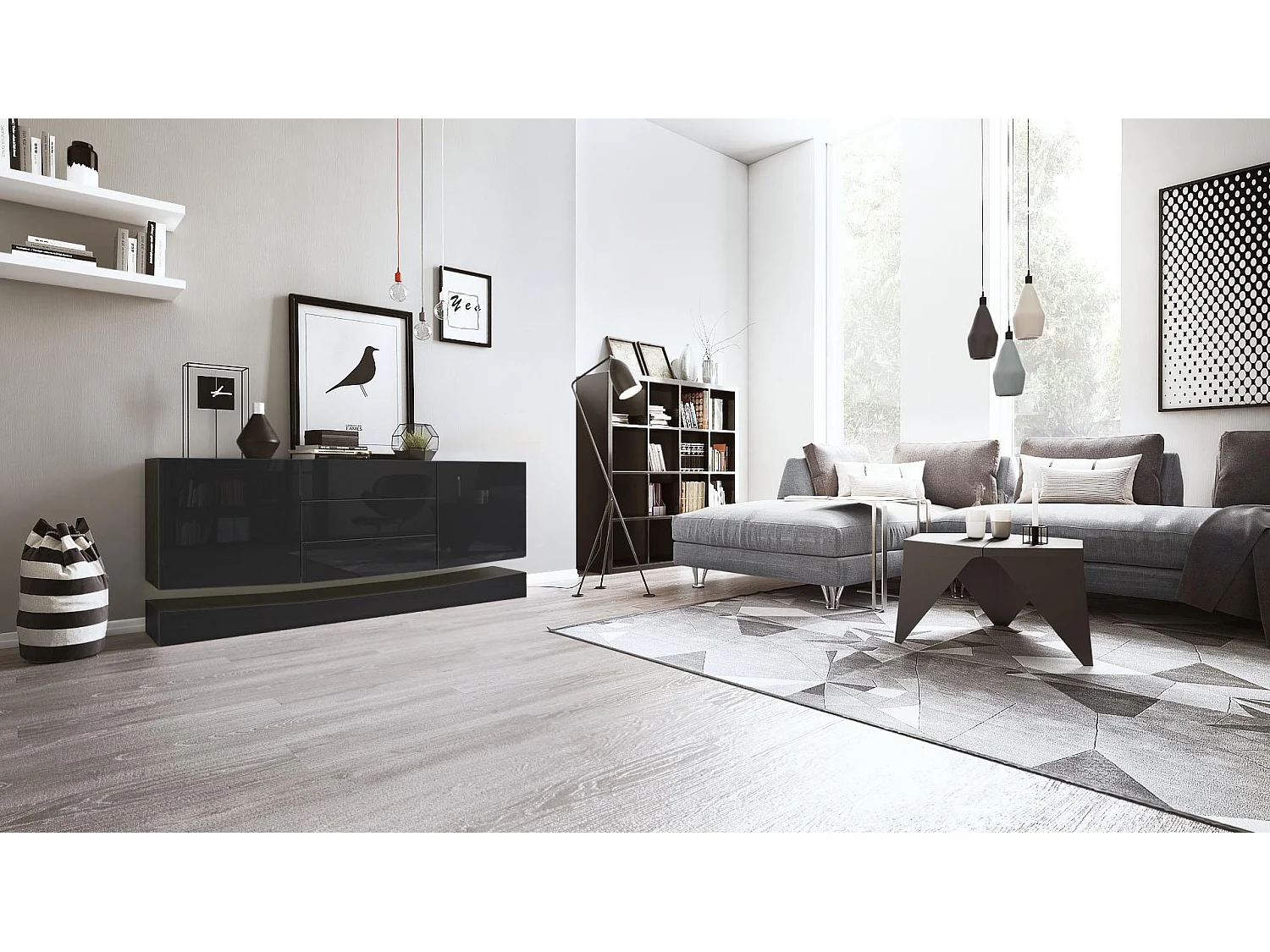 Vladon Sideboard City, nero opaco/nero lucido - Cassettiera moderna per la zona giorno (178 x 72 x 38 cm)
