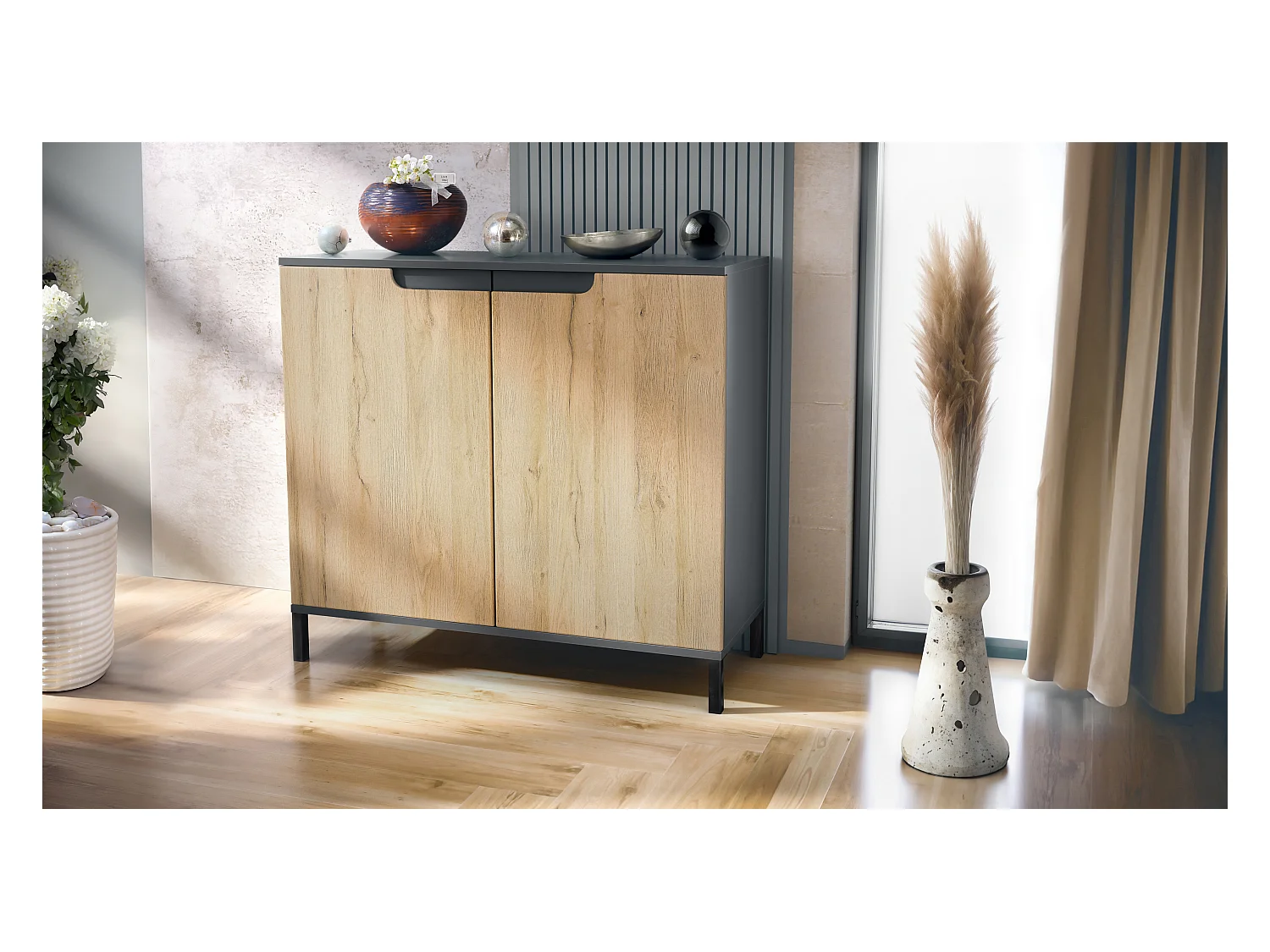 Commode Sylt V3, Buffet de Cuisine Moderne avec 2 Grandes Portes anthracite mat / chêne nature (92,5 x 83.5 x 35)