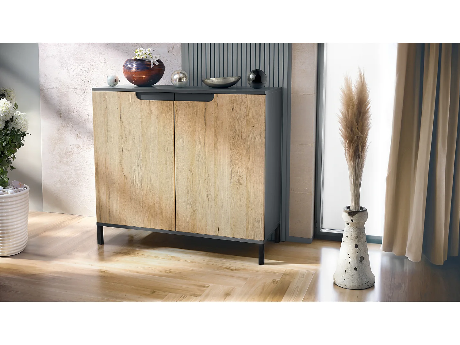 Commode Sylt V3, Buffet de Cuisine Moderne avec 2 Grandes Portes anthracite mat / chêne nature (92,5 x 83.5 x 35)