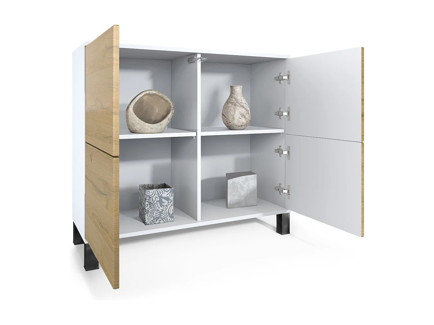 Buffet Rova V3 – Meuble de cuisine moderne avec 4 portes Push-to-Open blanc mat / aspect bronzé (92,5 x 84.5 x 35)