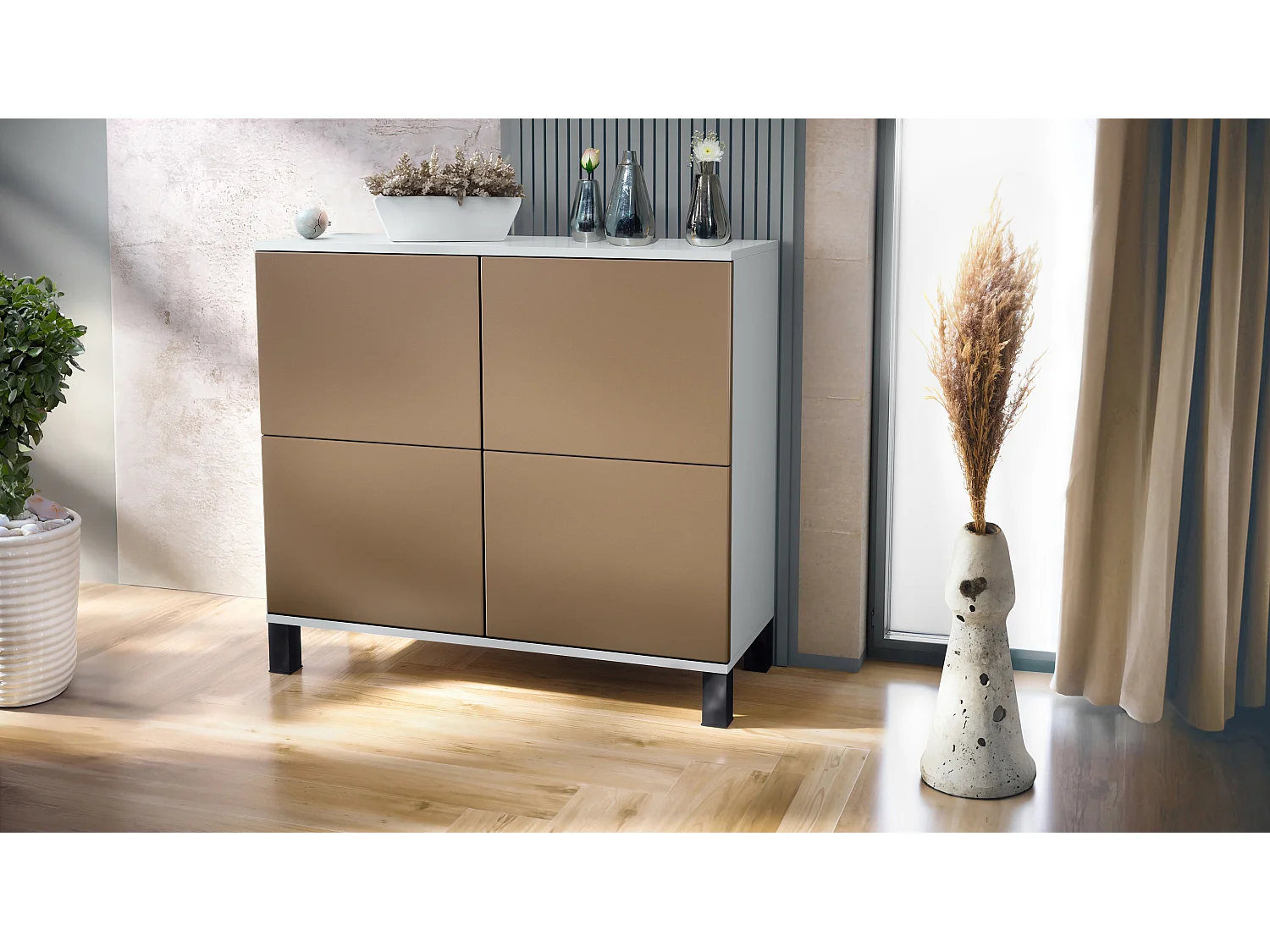 Buffet Rova V3 – Meuble de cuisine moderne avec 4 portes Push-to-Open blanc mat / aspect bronzé (92,5 x 84.5 x 35)