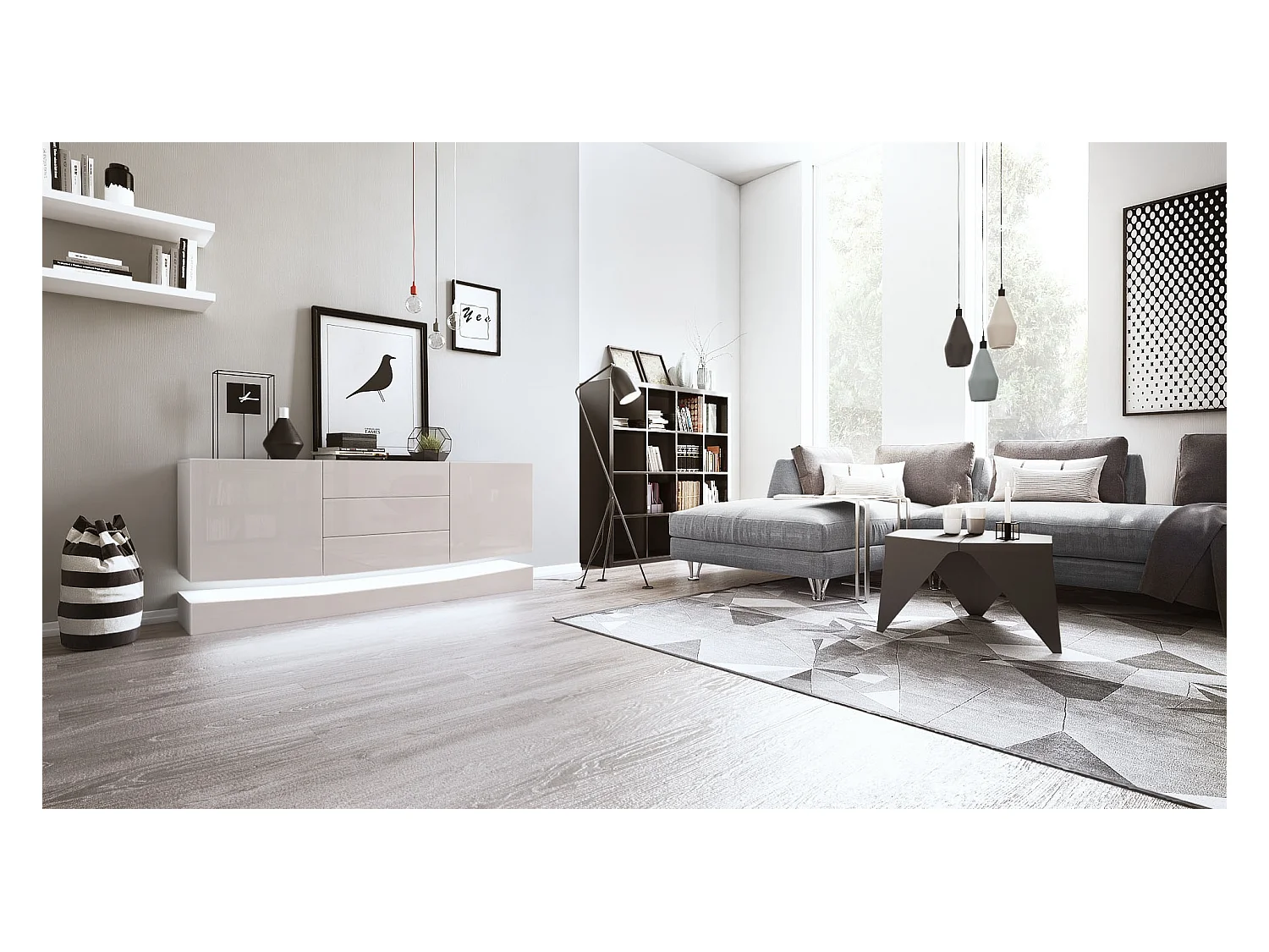 Sideboard City, blanc mat/gris sable haute brillance y compris LED - Commode moderne pour votre salon (178 x 72 x 38 cm)