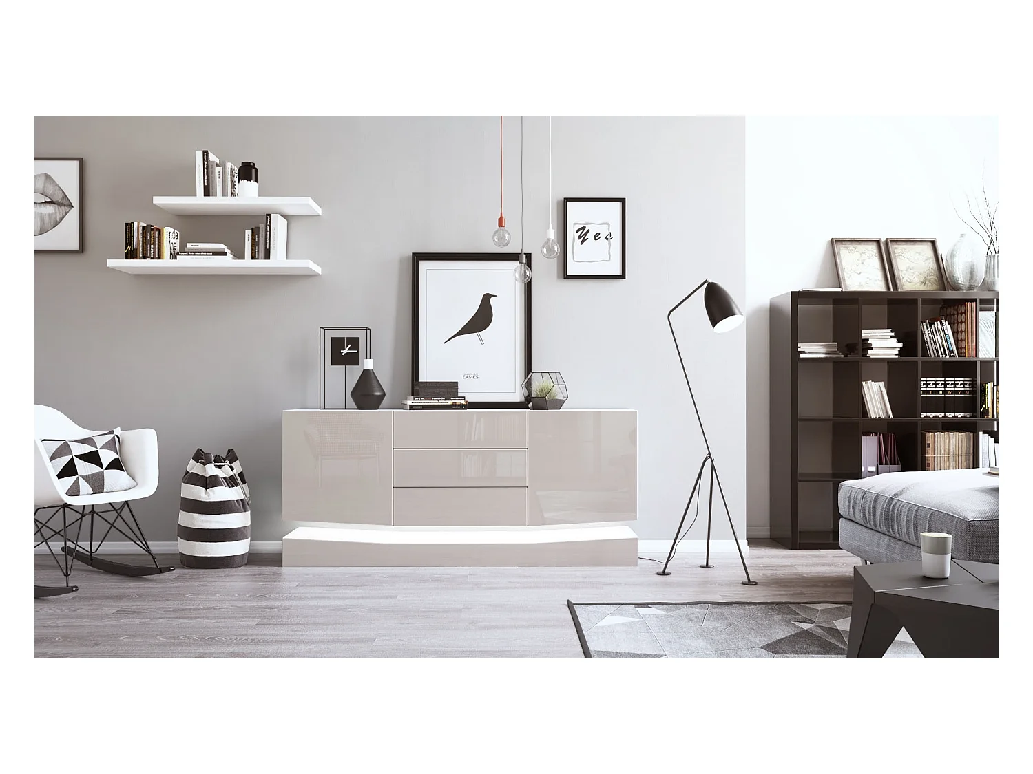 Sideboard City, blanc mat/gris sable haute brillance y compris LED - Commode moderne pour votre salon (178 x 72 x 38 cm)