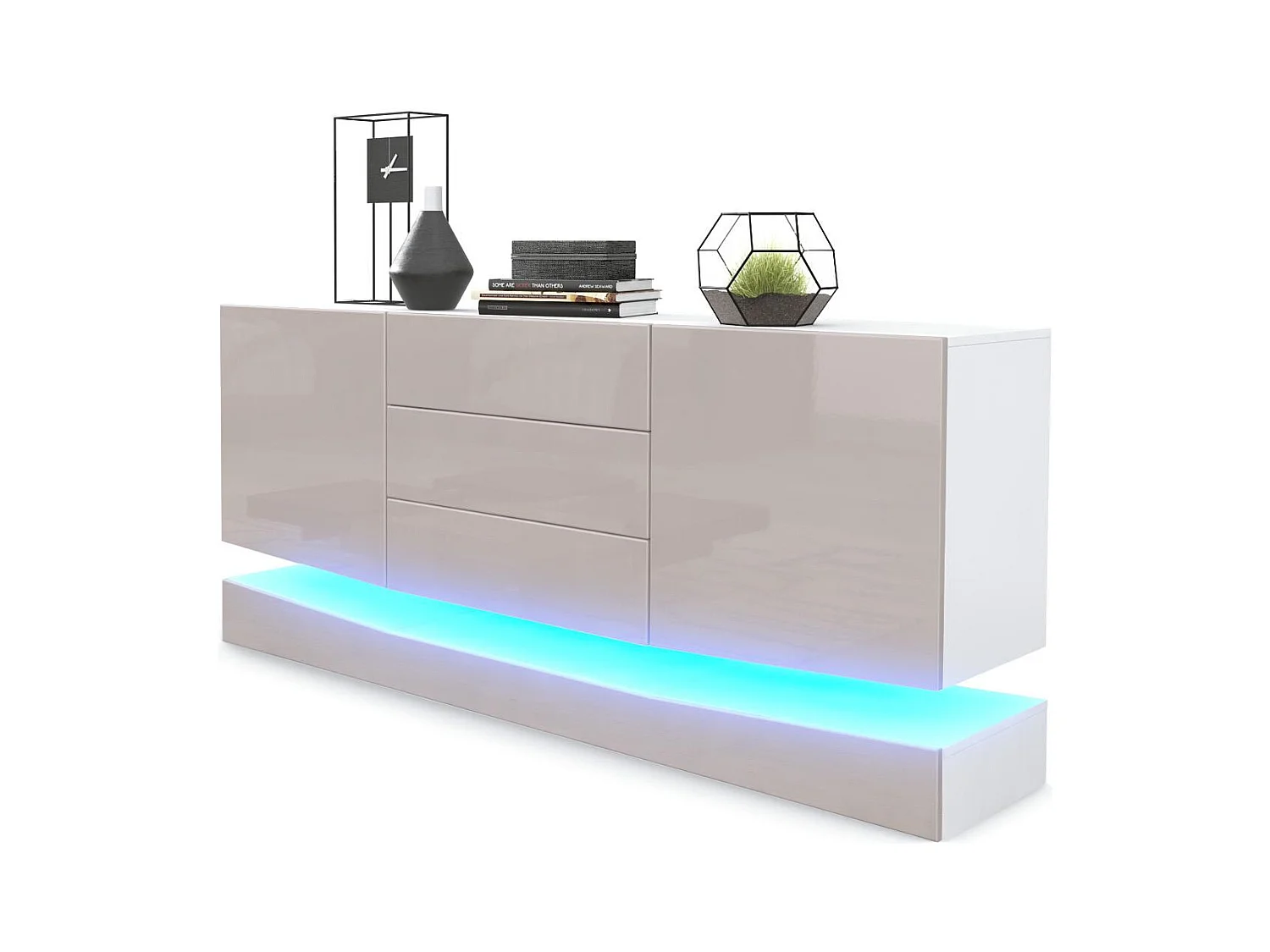 Sideboard City, blanc mat/gris sable haute brillance y compris LED - Commode moderne pour votre salon (178 x 72 x 38 cm)