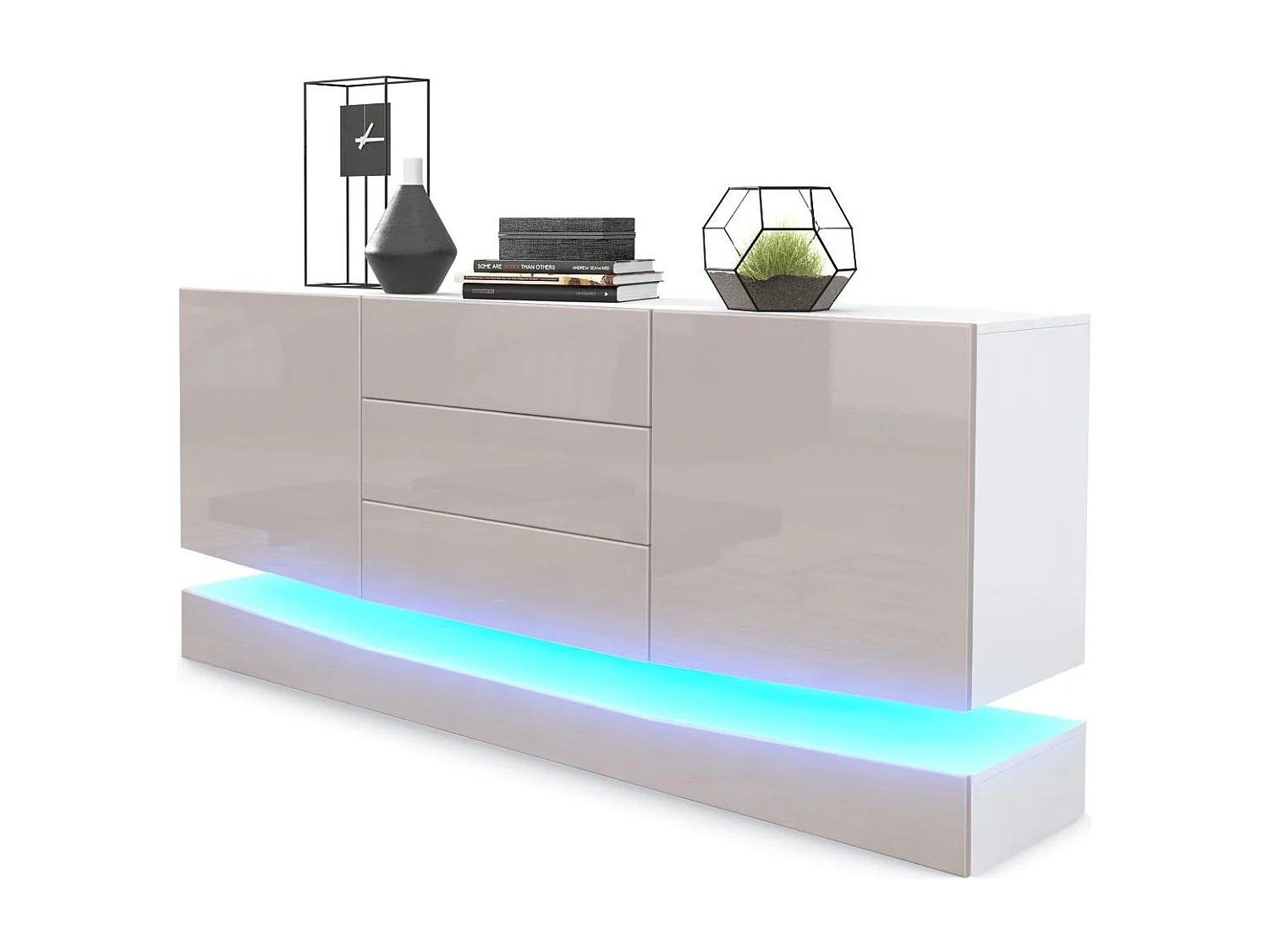 Vladon Sideboard City, bianco opaco/grigio sabbia lucido incl. LED - Cassettiera moderna per la zona giorno (178 x 72 x 38 cm)