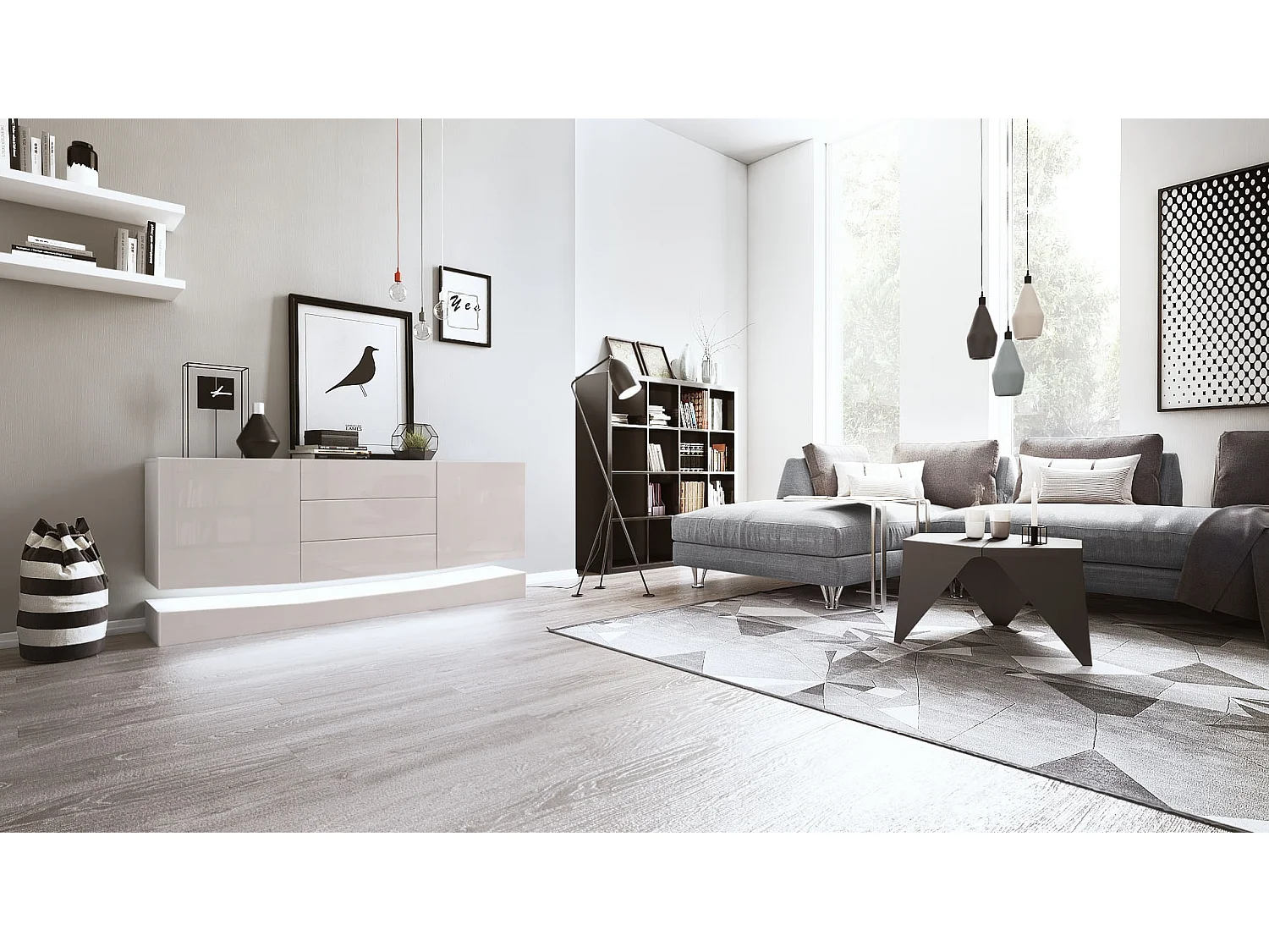 Vladon Sideboard City, bianco opaco/grigio sabbia lucido incl. LED - Cassettiera moderna per la zona giorno (178 x 72 x 38 cm)