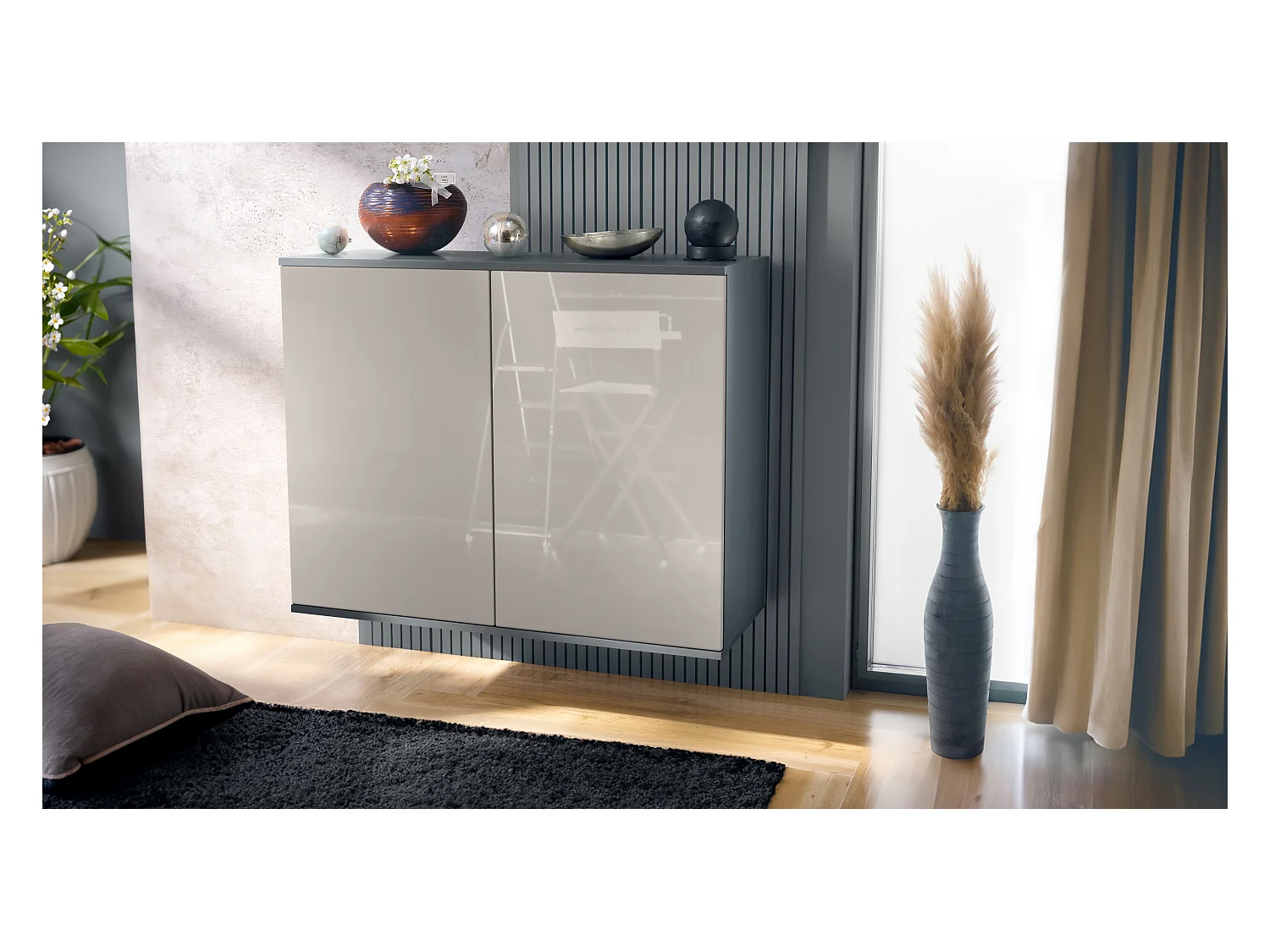 Commode Skadu V3, Buffet de Cuisine Moderne avec 2 Grandes Portes anthracite mat / gris sable haute brillance (92,5 x 73.5 x 35)