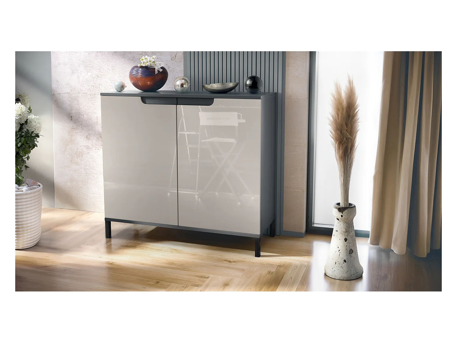 Commode Sylt V3, Buffet de Cuisine Moderne avec 2 Grandes Portes anthracite mat / gris sable haute brillance (92,5 x 83.5 x 35)