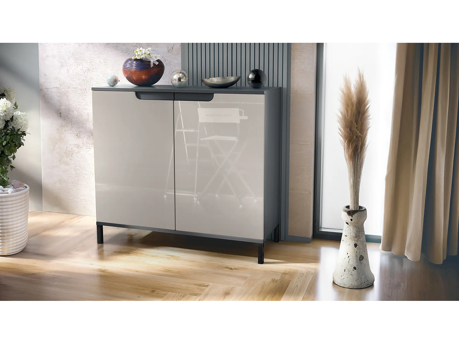 Commode Sylt V3, Buffet de Cuisine Moderne avec 2 Grandes Portes anthracite mat / gris sable haute brillance (92,5 x 83.5 x 35)