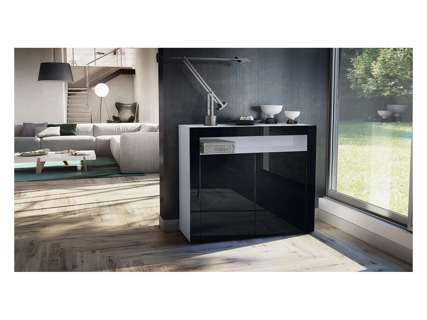 Buffet Valencia, Commode avec 2 portes et 1 compartiment ouvert, Blanc mat/noir haute brillance/noir haute brillance (108 x 92 x 40 cm)