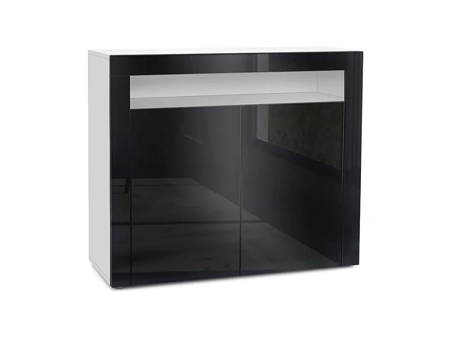 Buffet Valencia, Commode avec 2 portes et 1 compartiment ouvert, Blanc mat/noir haute brillance/noir haute brillance (108 x 92 x 40 cm)