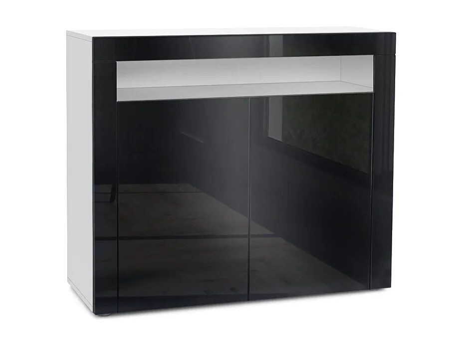 Mobiletto Valencia, credenza con 2 ante e 1 scomparto aperto, bianco opaco/nero lucido/nero lucido (108 x 92 x 40 cm)