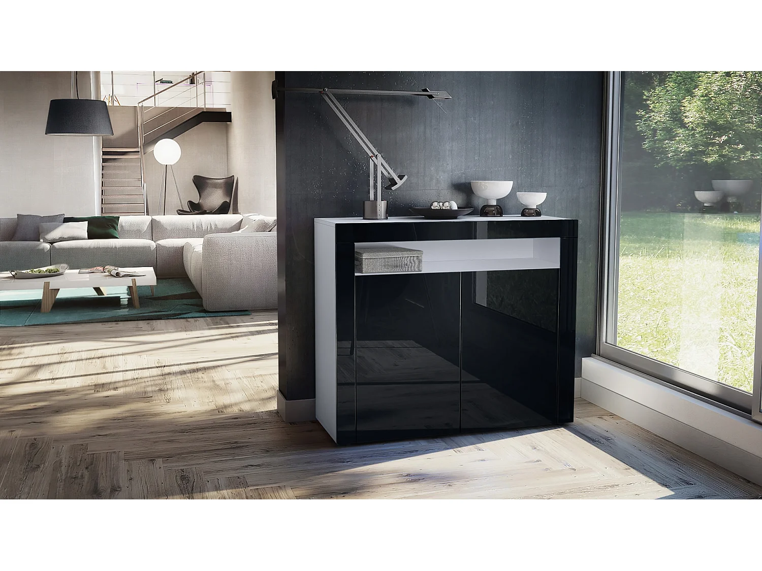 Mobiletto Valencia, credenza con 2 ante e 1 scomparto aperto, bianco opaco/nero lucido/nero lucido (108 x 92 x 40 cm)