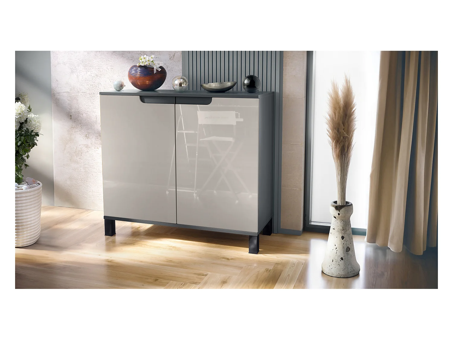 Commode Sylt V3, Buffet de Cuisine Moderne avec 2 Grandes Portes anthracite mat / gris sable haute brillance (92,5 x 84.5 x 35)