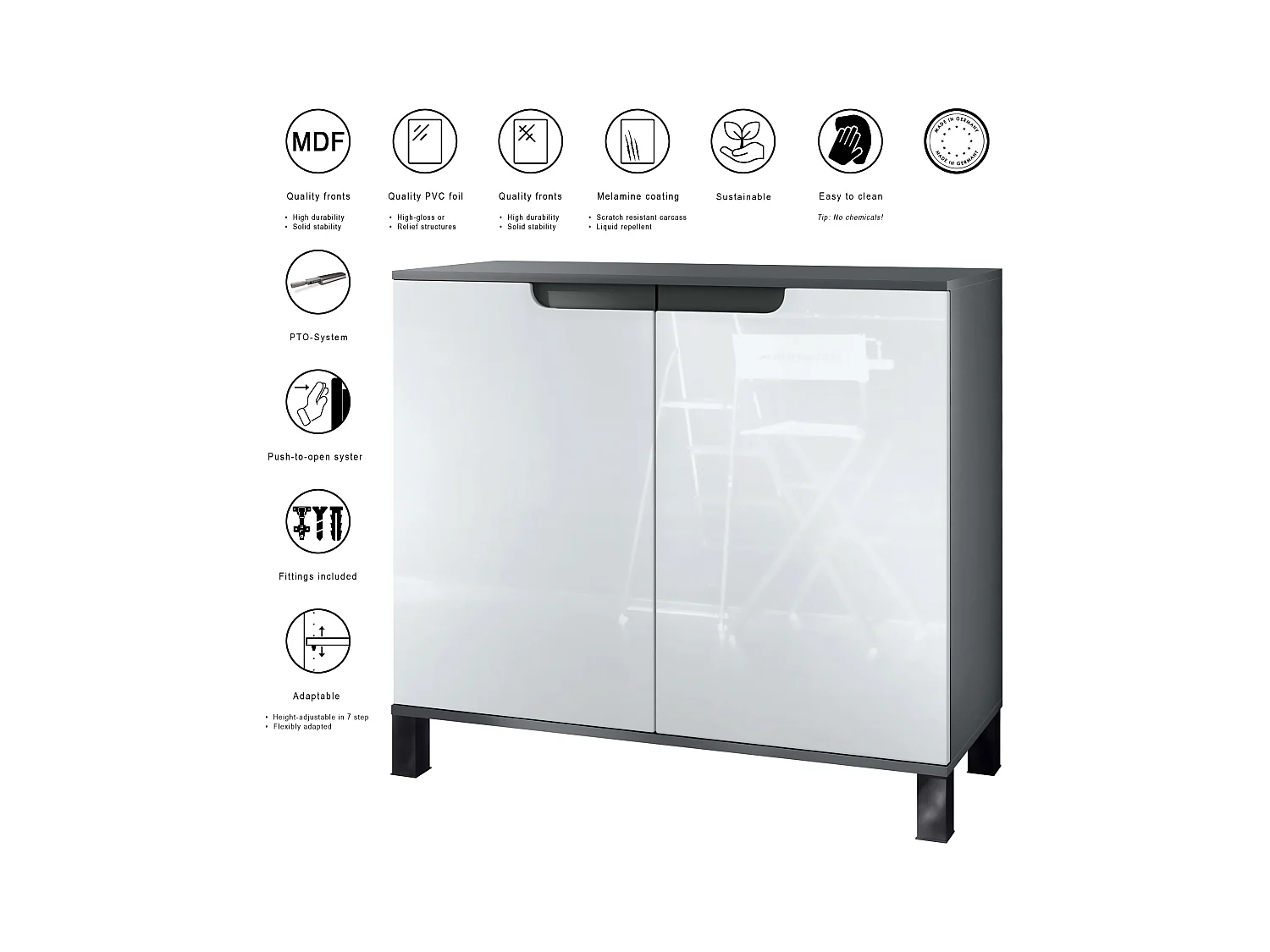 Commode Sylt V3, Buffet de Cuisine Moderne avec 2 Grandes Portes anthracite mat / gris sable haute brillance (92,5 x 84.5 x 35)