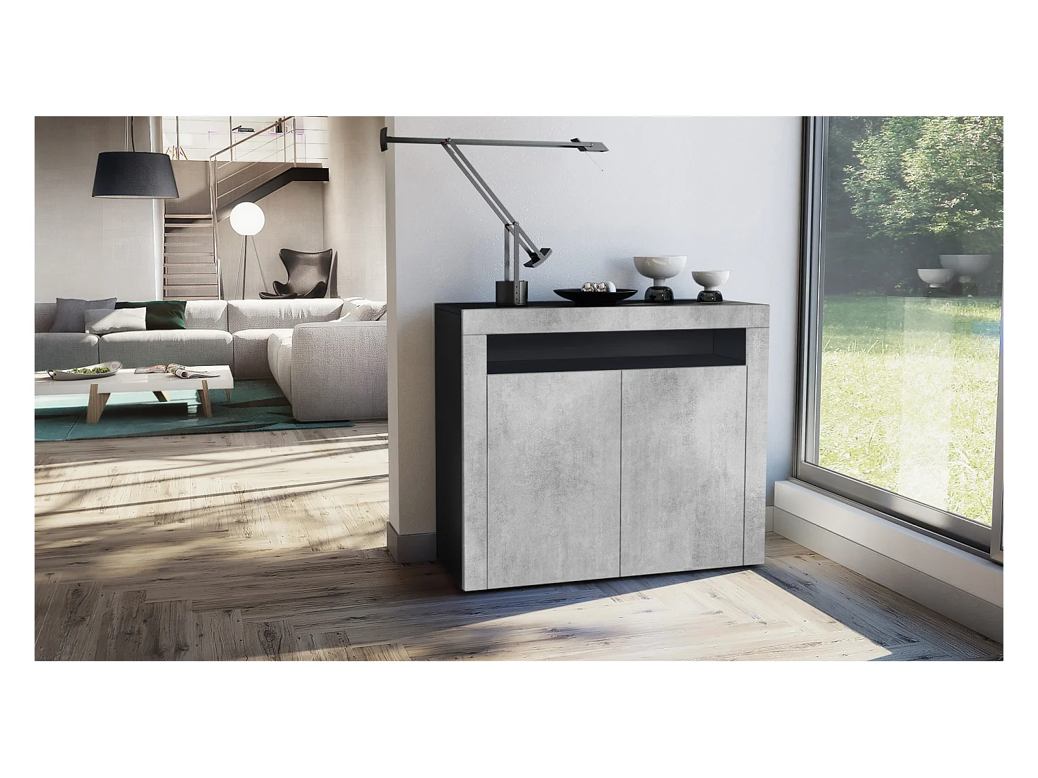 Buffet Valencia, Commode avec 2 portes et 1 compartiment ouvert, Noir mat/aspect béton oxyde/aspect béton oxyde (108 x 92 x 40 cm)