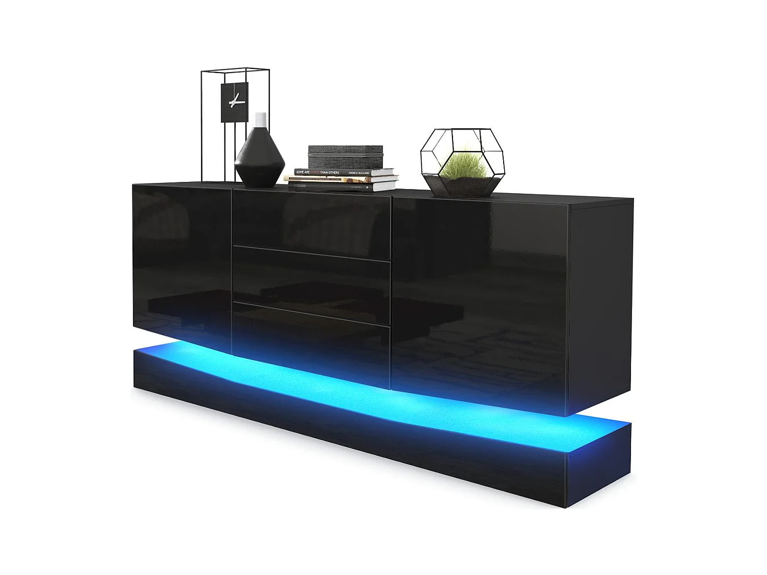 Sideboard City, noir mat/noir haute brillance y compris LED - Commode moderne pour votre salon (178 x 72 x 38 cm)