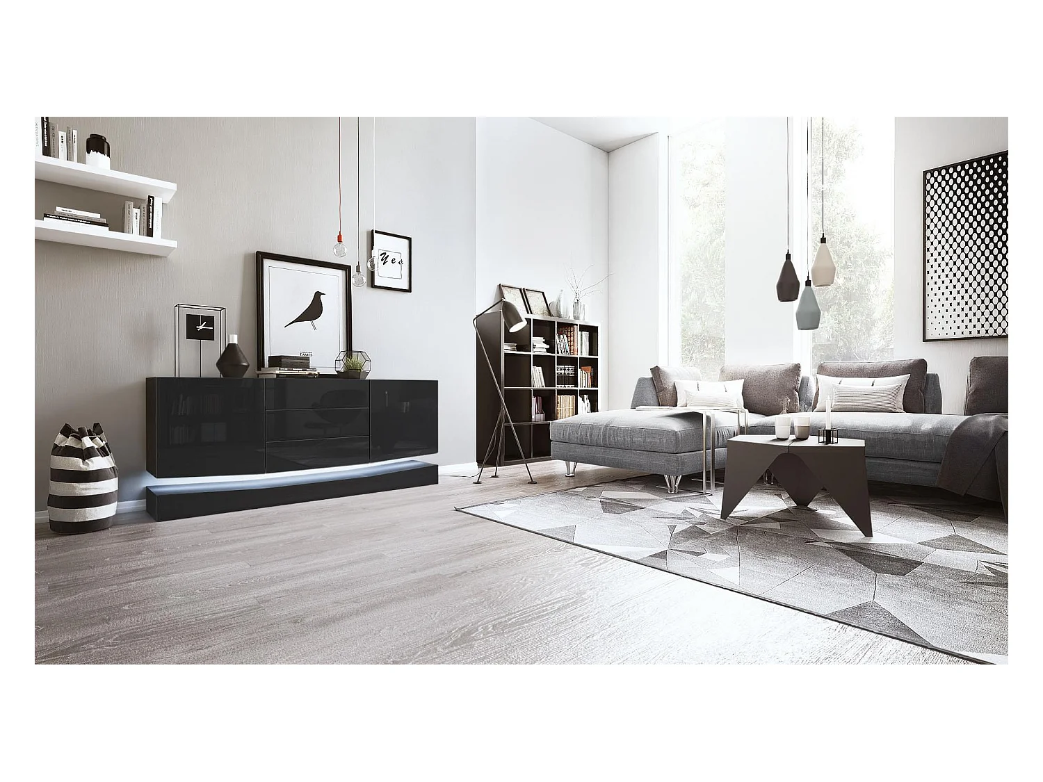 Sideboard City, noir mat/noir haute brillance y compris LED - Commode moderne pour votre salon (178 x 72 x 38 cm)