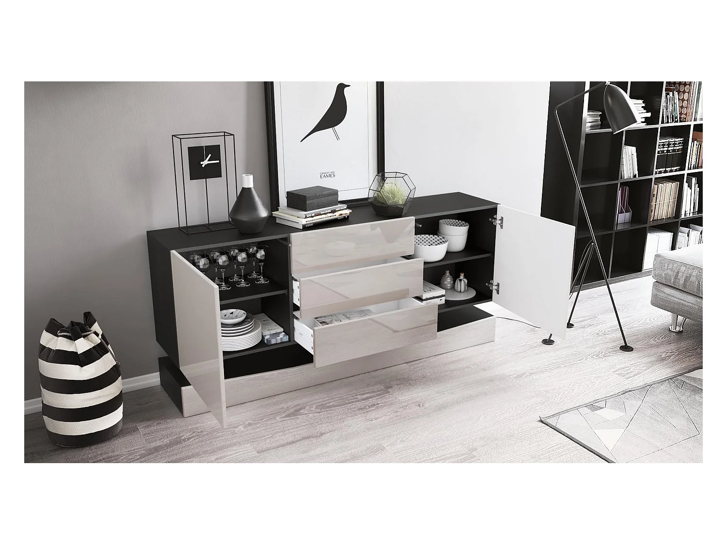 Sideboard City, noir mat/noir haute brillance y compris LED - Commode moderne pour votre salon (178 x 72 x 38 cm)