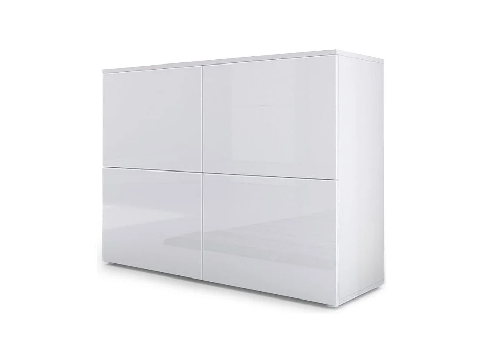 Buffet Rova, Commode avec 4 portes, Blanc mat/Blanc haute brillance (92 x 72 x 35 cm)