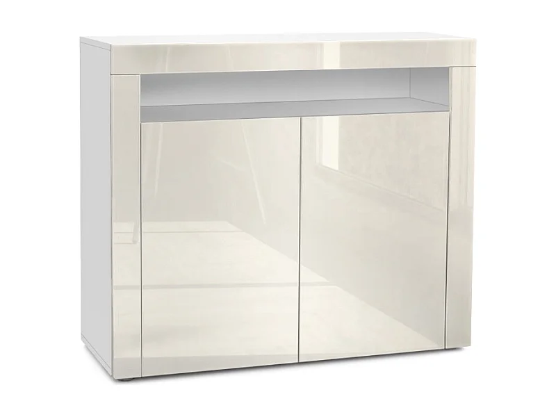 Buffet Valencia, Commode avec 2 portes et 1 compartiment ouvert, Blanc mat/crème haute brillance/crème haute brillance (108 x 92 x 40 cm)