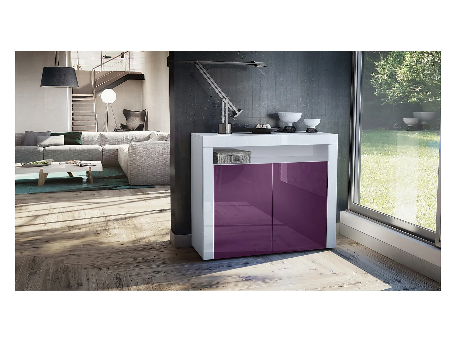 Buffet Valencia, Commode avec 2 portes et 1 compartiment ouvert, Blanc mat/mûre haute brillance/blanc haute brillance (108 x 92 x 40 cm)