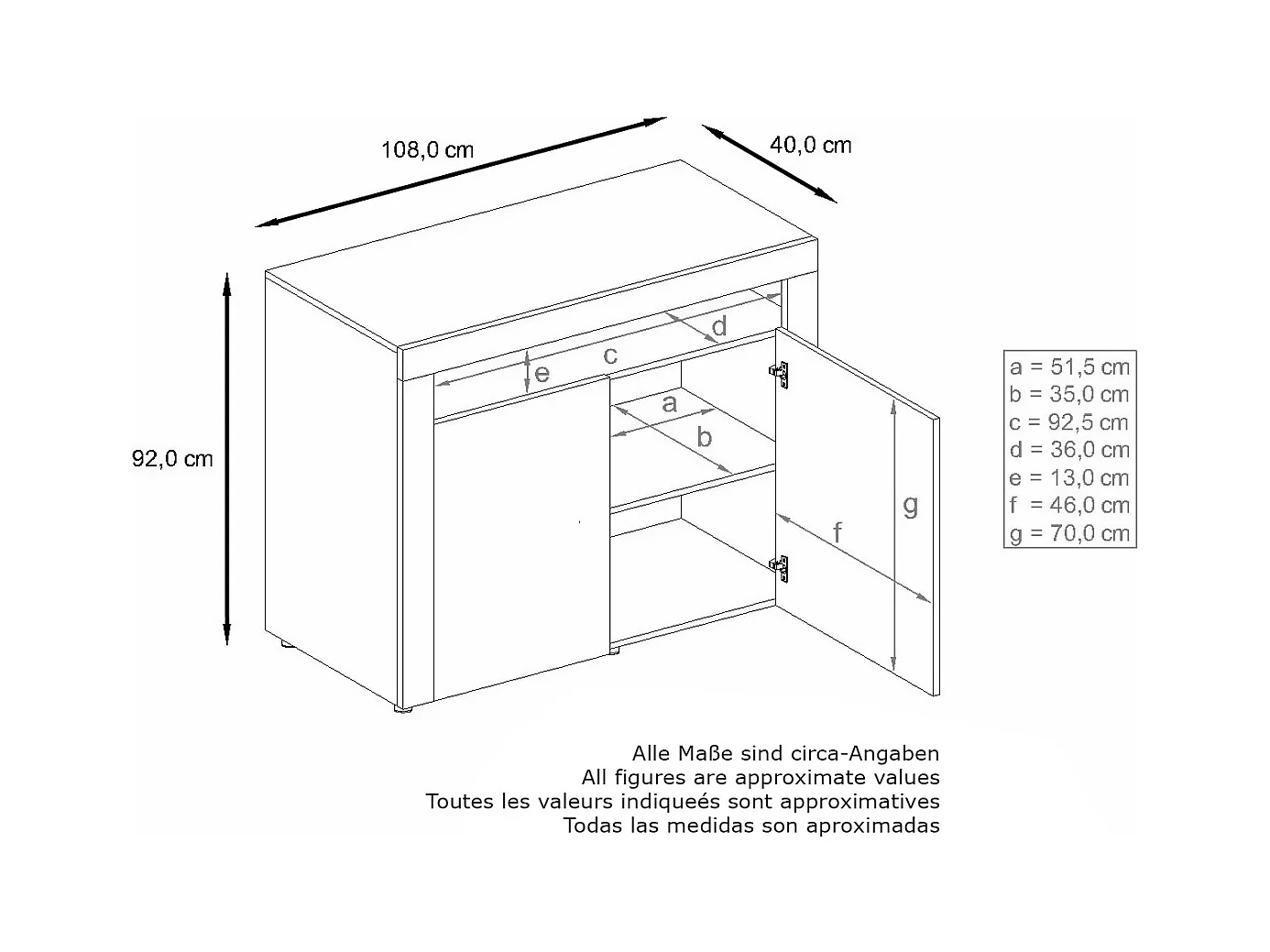 Buffet Valencia, Commode avec 2 portes et 1 compartiment ouvert, Blanc mat/mûre haute brillance/blanc haute brillance (108 x 92 x 40 cm)