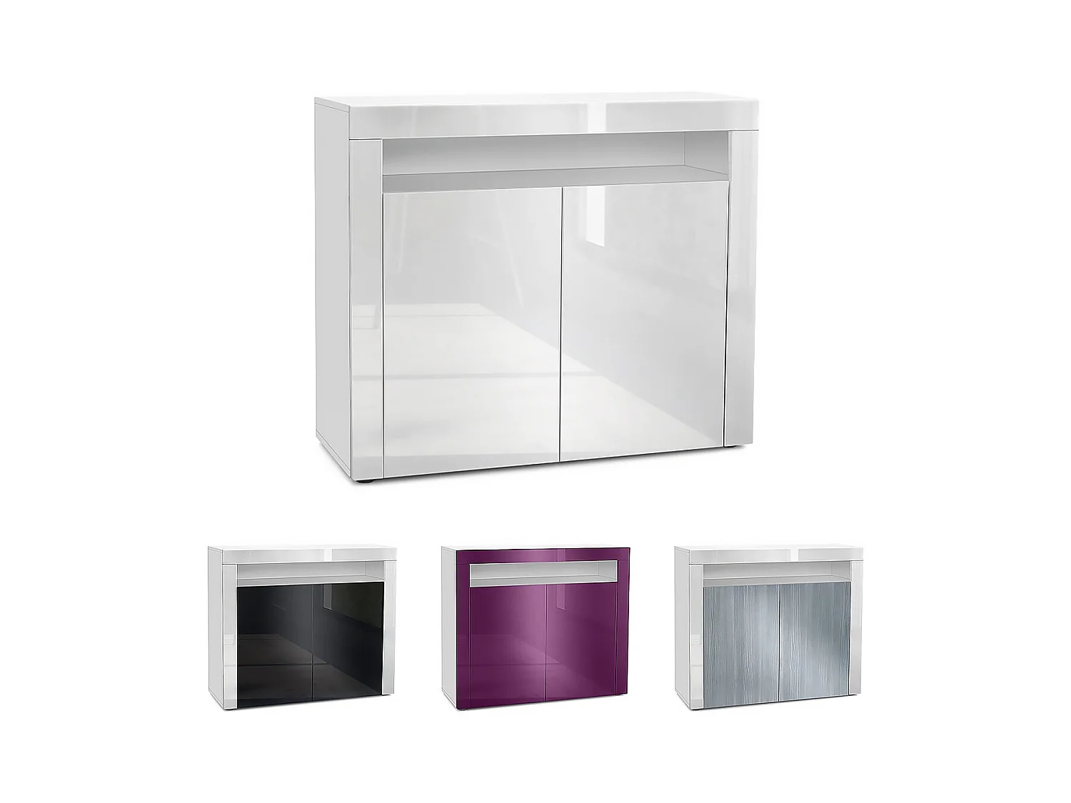 Buffet Valencia, Commode avec 2 portes et 1 compartiment ouvert, Blanc mat/mûre haute brillance/blanc haute brillance (108 x 92 x 40 cm)