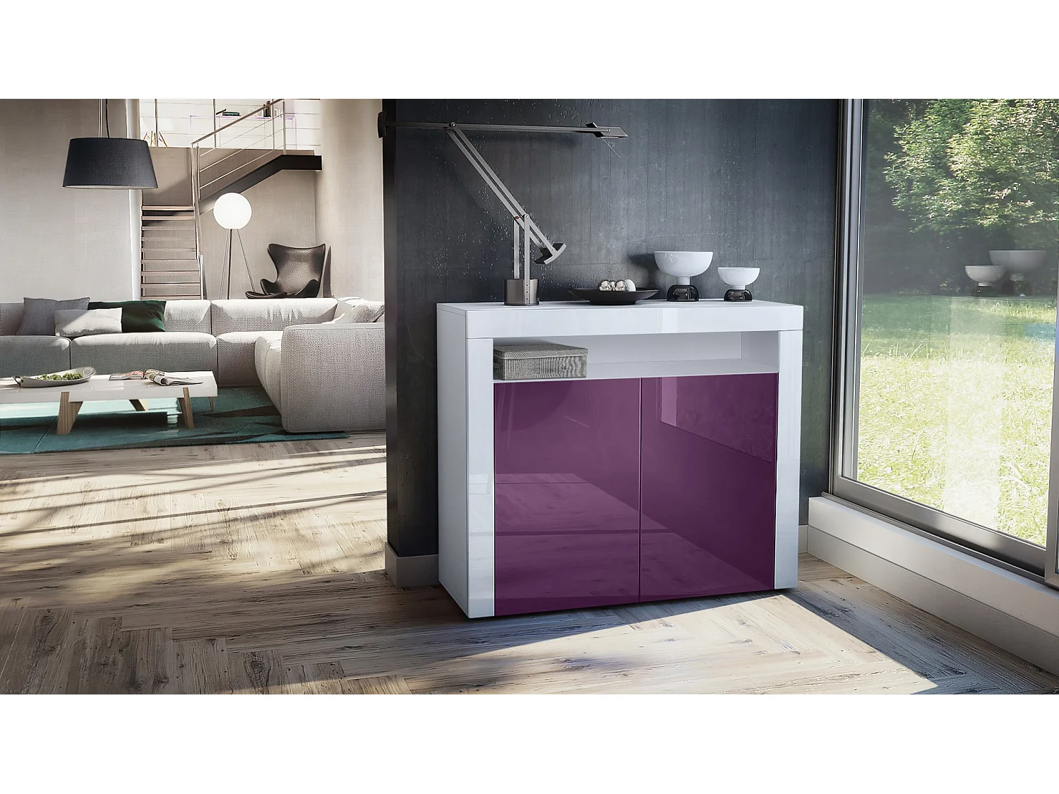 Buffet Valencia, Commode avec 2 portes et 1 compartiment ouvert, Blanc mat/mûre haute brillance/blanc haute brillance (108 x 92 x 40 cm)