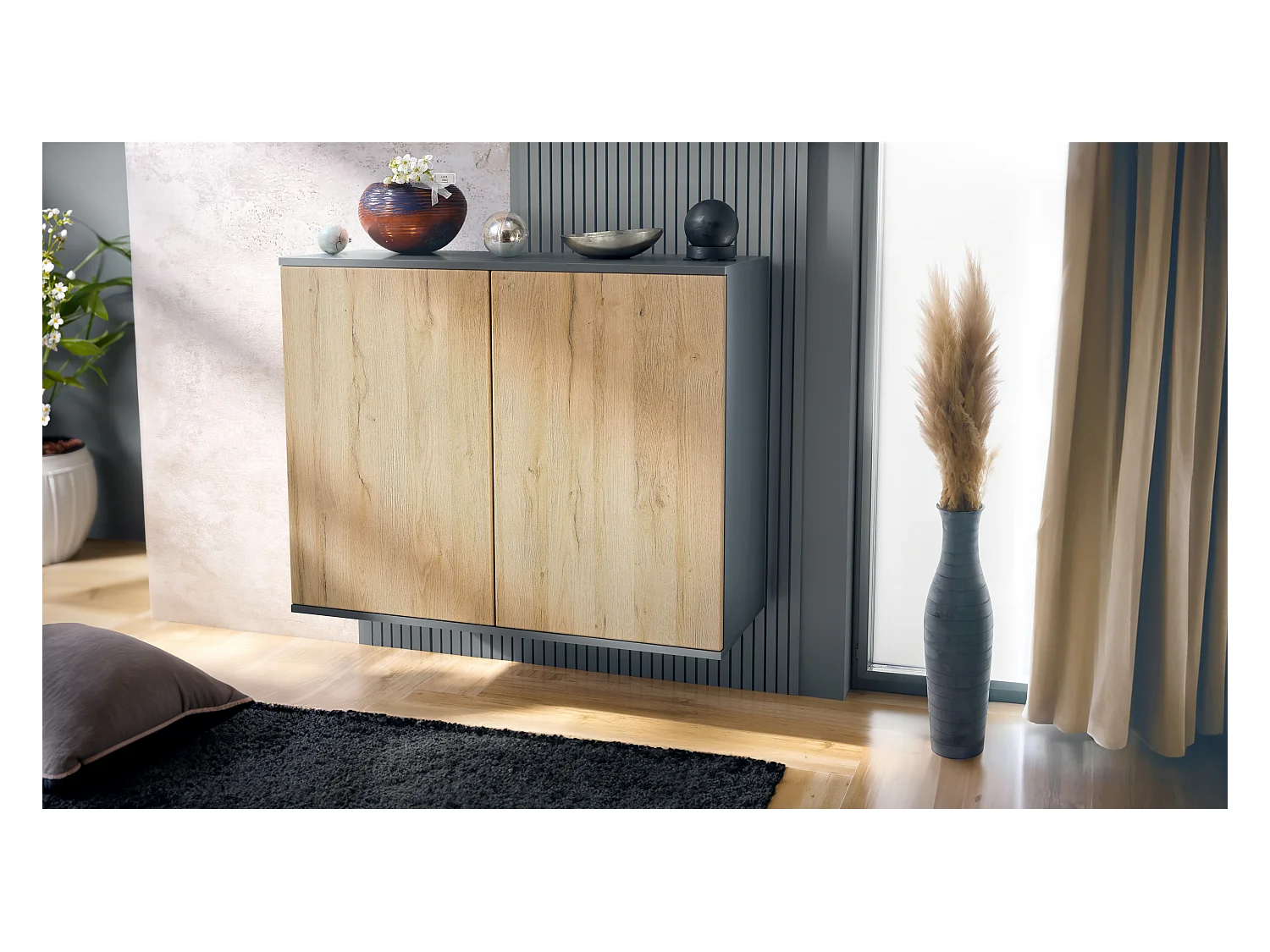 Commode Skadu V3, Buffet de Cuisine Moderne avec 2 Grandes Portes anthracite mat / chêne nature (92,5 x 73.5 x 35)