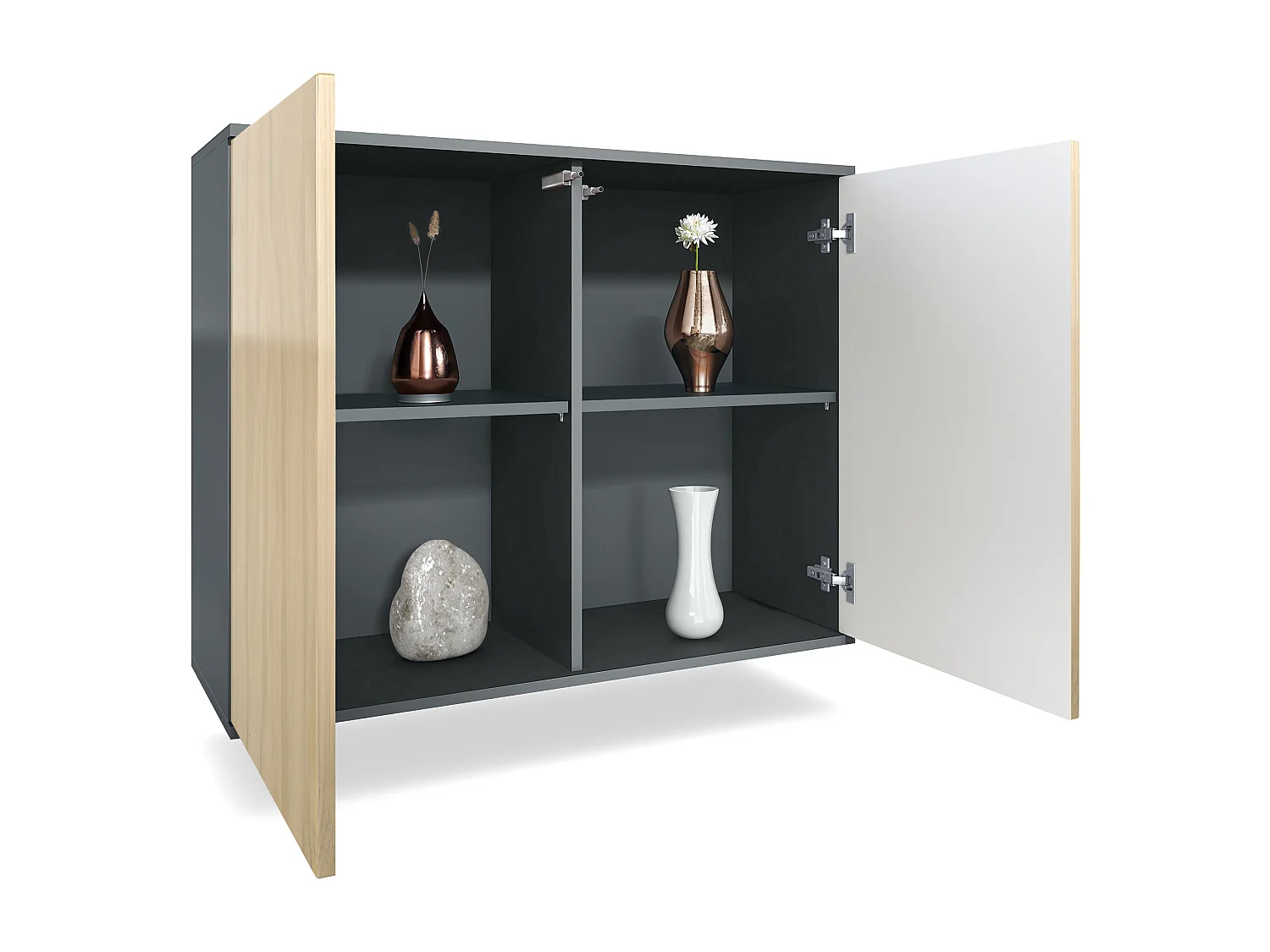 Aparador Skadu V3, Armario de Cocina Moderno con 2 Puertas Grandes antracita mate / roble natural (92,5 x 73.5 x 35)