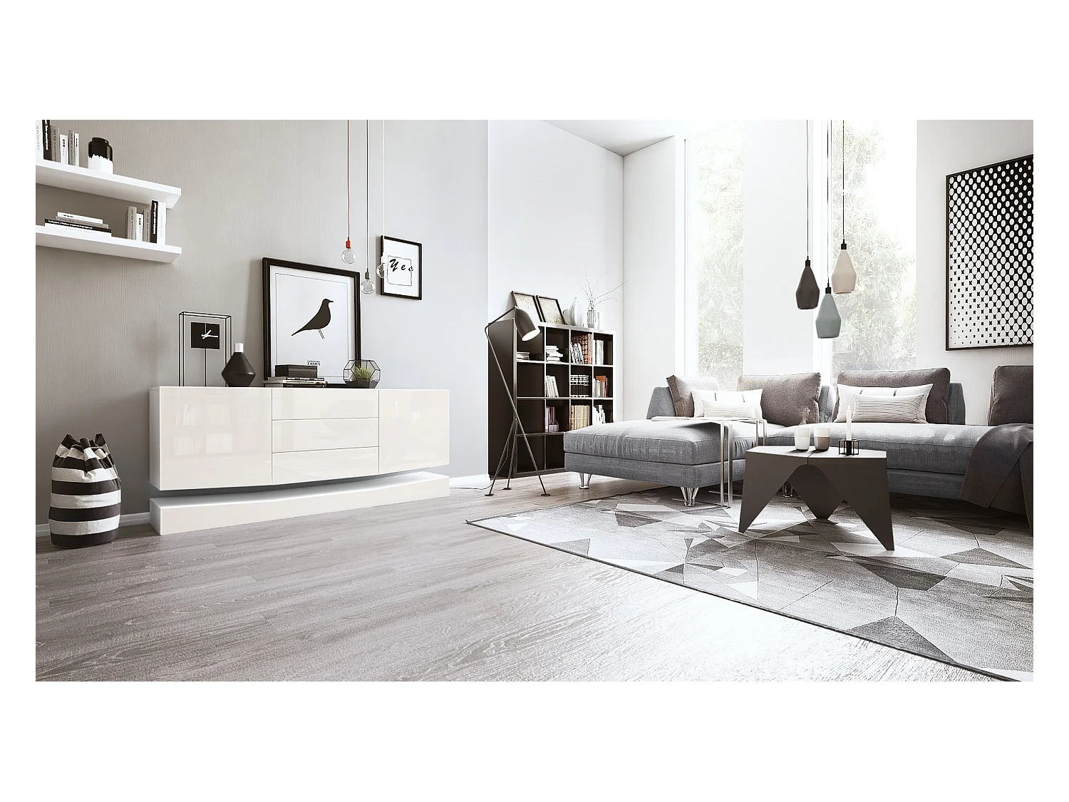 Sideboard City, blanc mat/crème haute brillance - Commode moderne pour votre salon (178 x 72 x 38 cm)