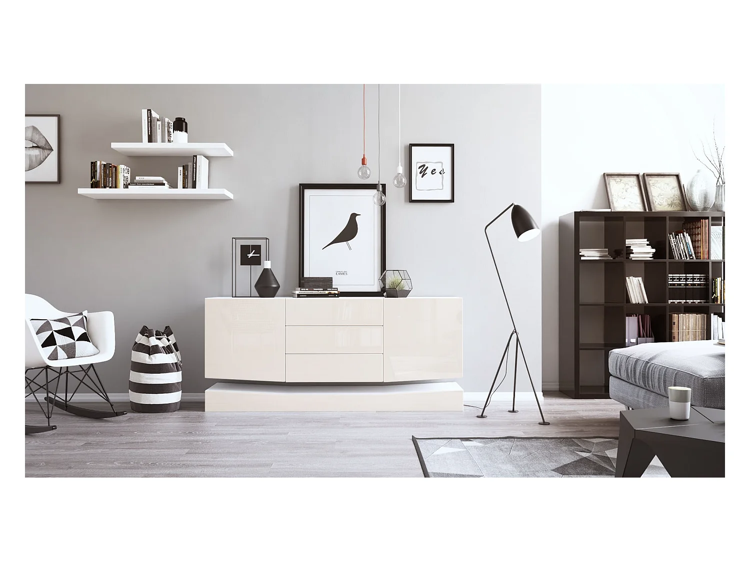 Sideboard City, blanc mat/crème haute brillance - Commode moderne pour votre salon (178 x 72 x 38 cm)