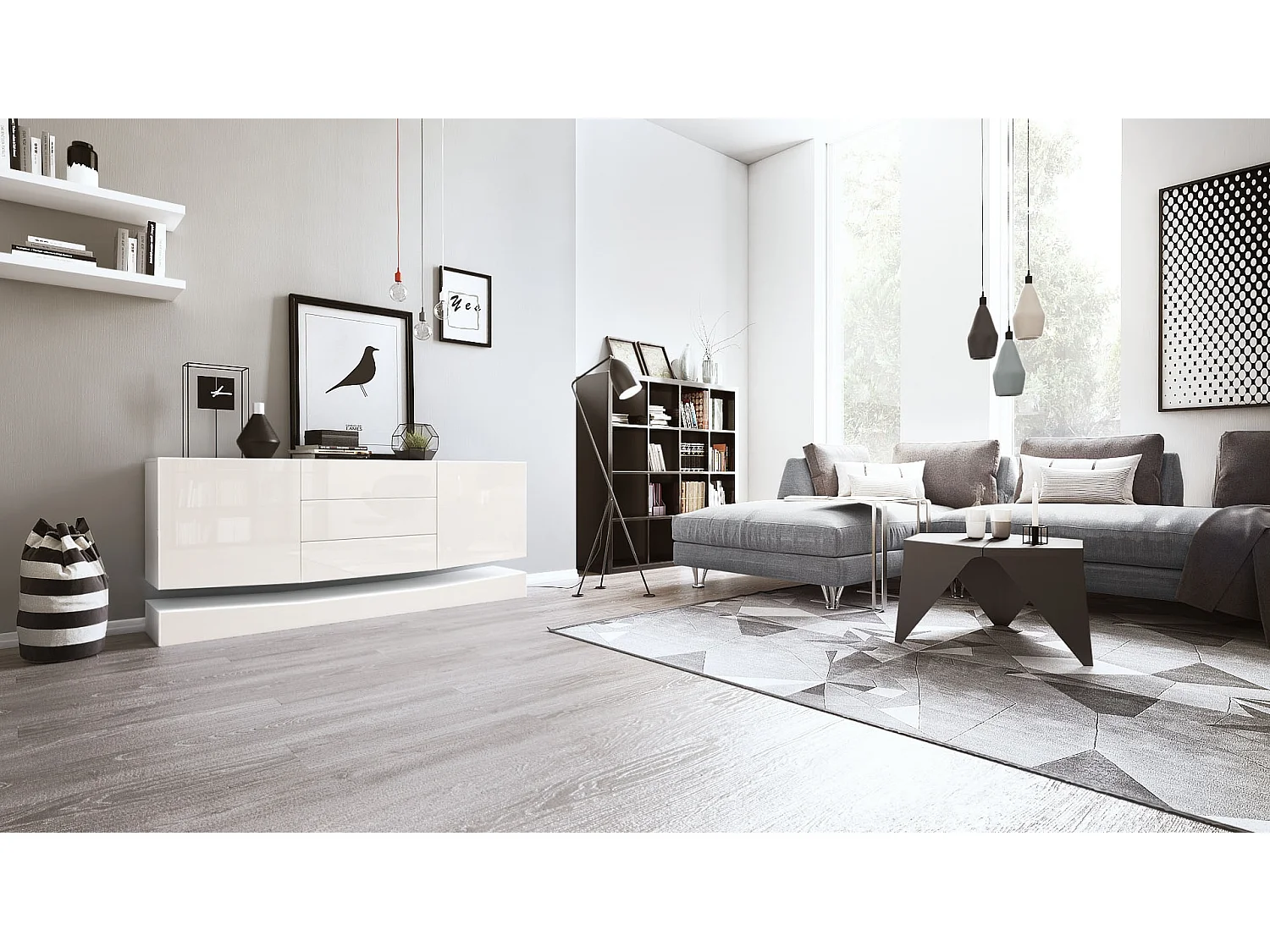 Sideboard City, blanc mat/crème haute brillance - Commode moderne pour votre salon (178 x 72 x 38 cm)