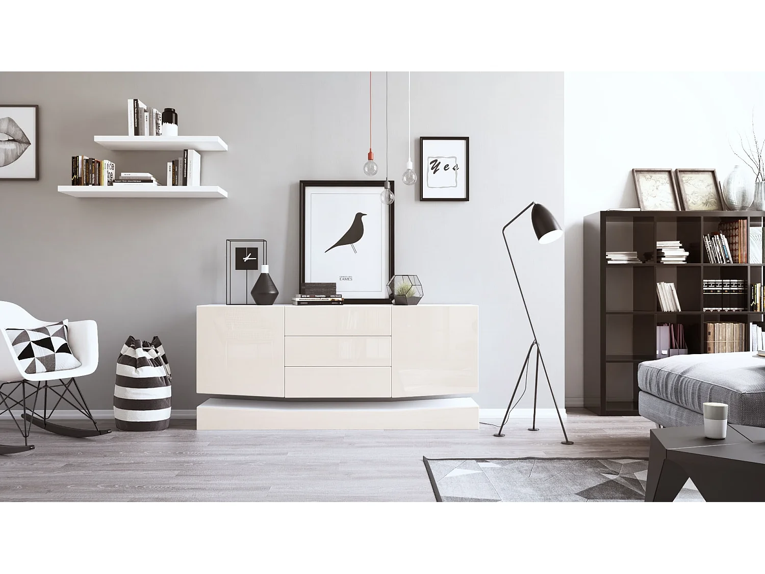 Sideboard City, blanc mat/crème haute brillance - Commode moderne pour votre salon (178 x 72 x 38 cm)