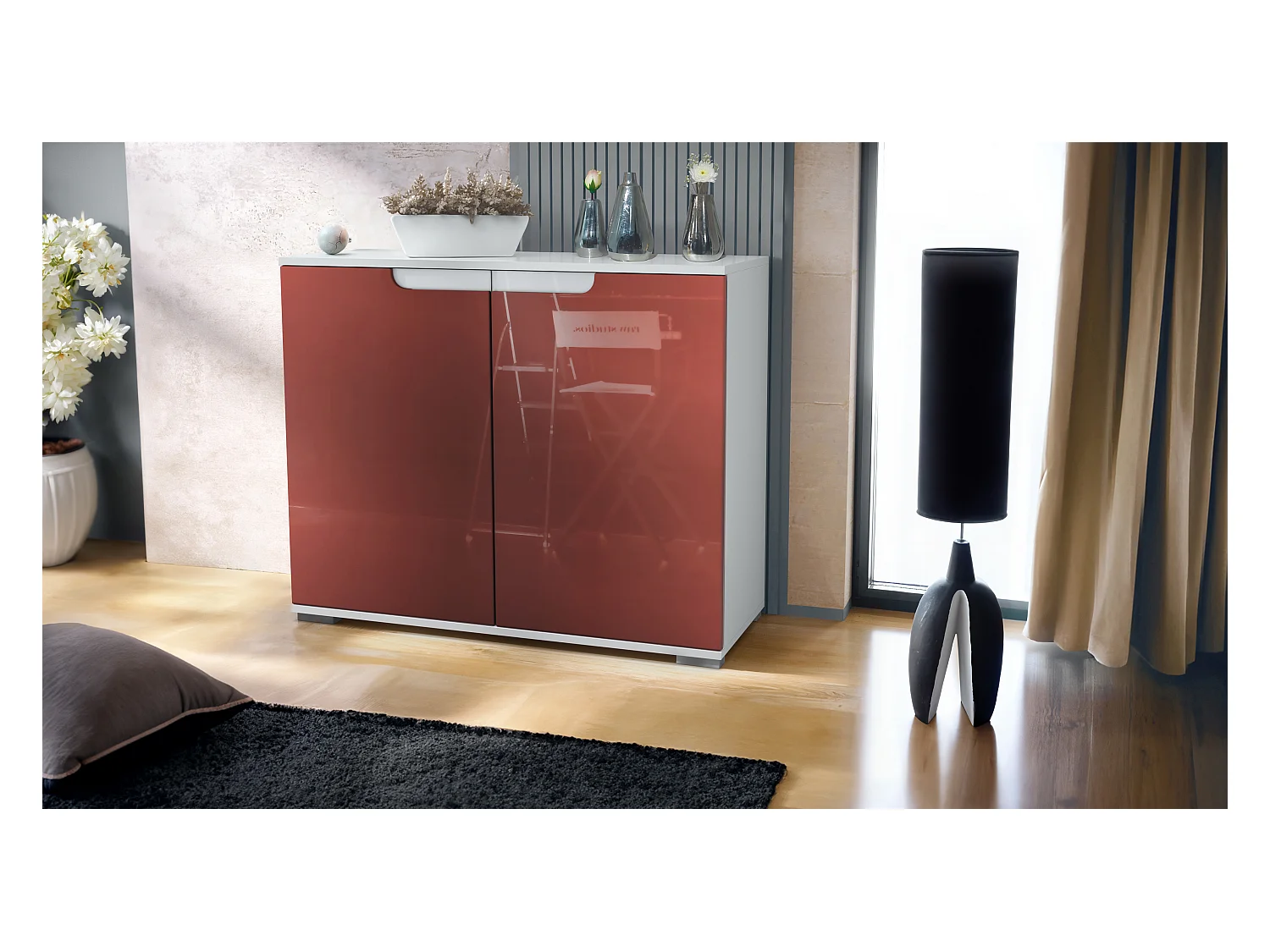 Commode Sylt V3, Buffet de Cuisine Moderne avec 2 Grandes Portes blanc mat / bordeaux haute brillance (92,5 x 75.5 x 35)