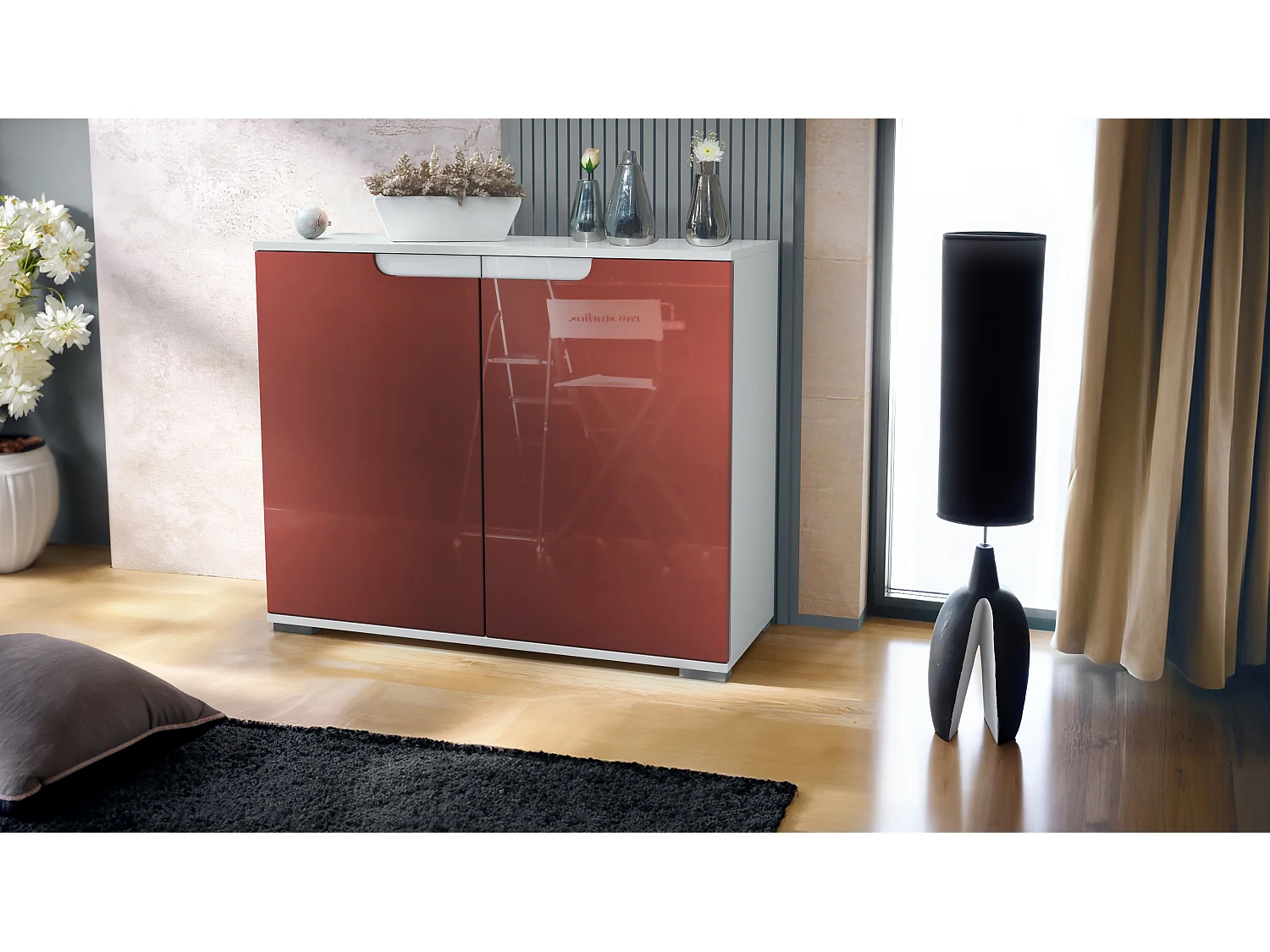 Aparador Sylt V3, Armario de Cocina Moderno con 2 Puertas Grandes blanco mate / burdeos de alto brillo (92,5 x 75.5 x 35)