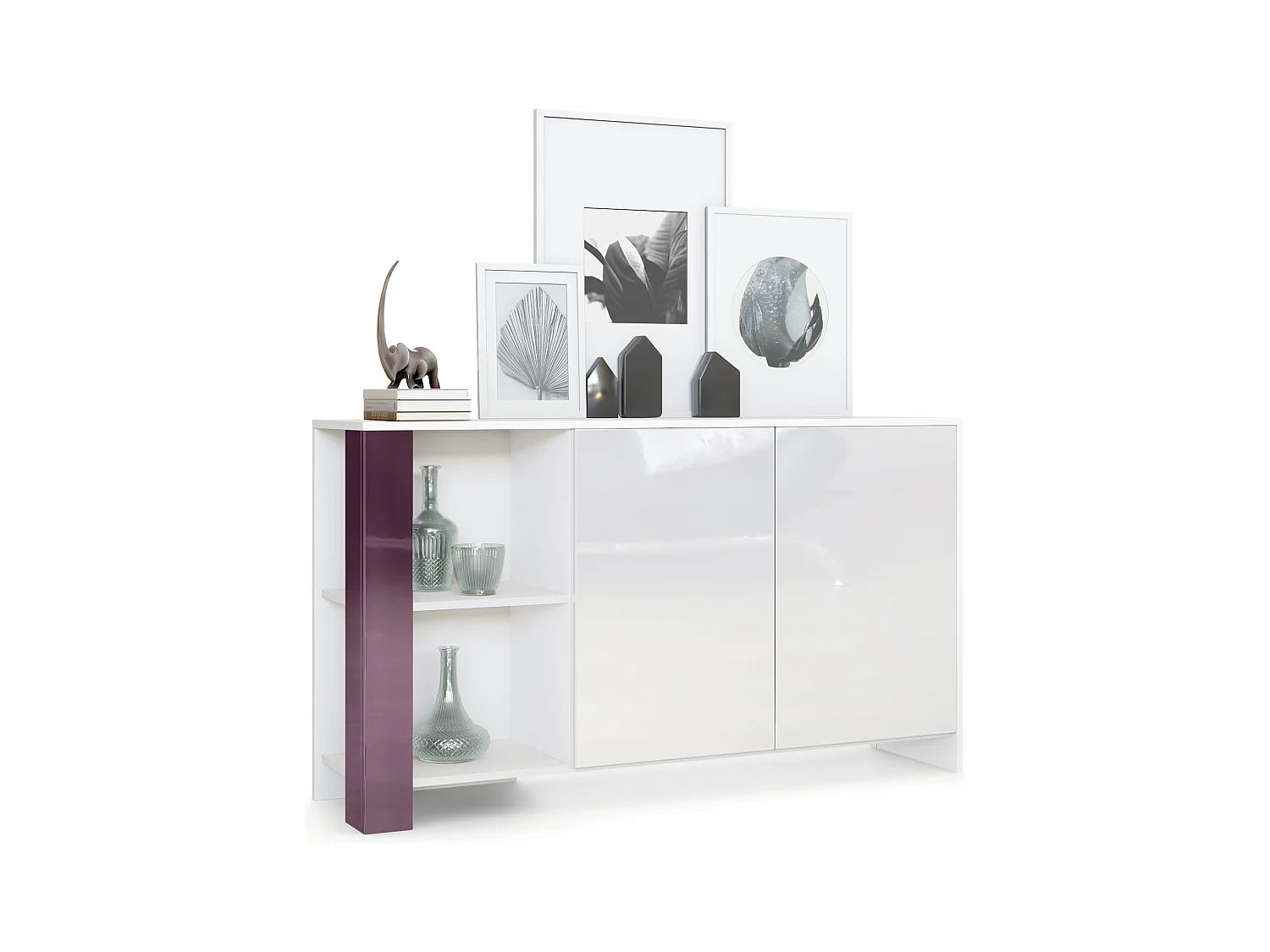 Buffet Canto, long bahut avec 2 portes et 6 compartiments, corps blanc mat, façades blanc brillant, panneaux décoratifs mûre haute brillance (143 x 81 x 36 cm)