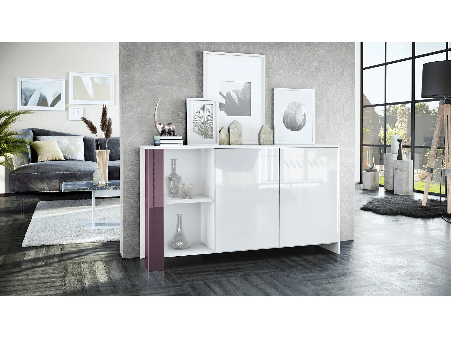 Credenza Canto, credenza lunga a 2 ante e 6 vani, mobile bianco opaco, frontali bianchi lucidi, pannelli decorativi violetto porpora lucido (143 x 81 x 36 cm)