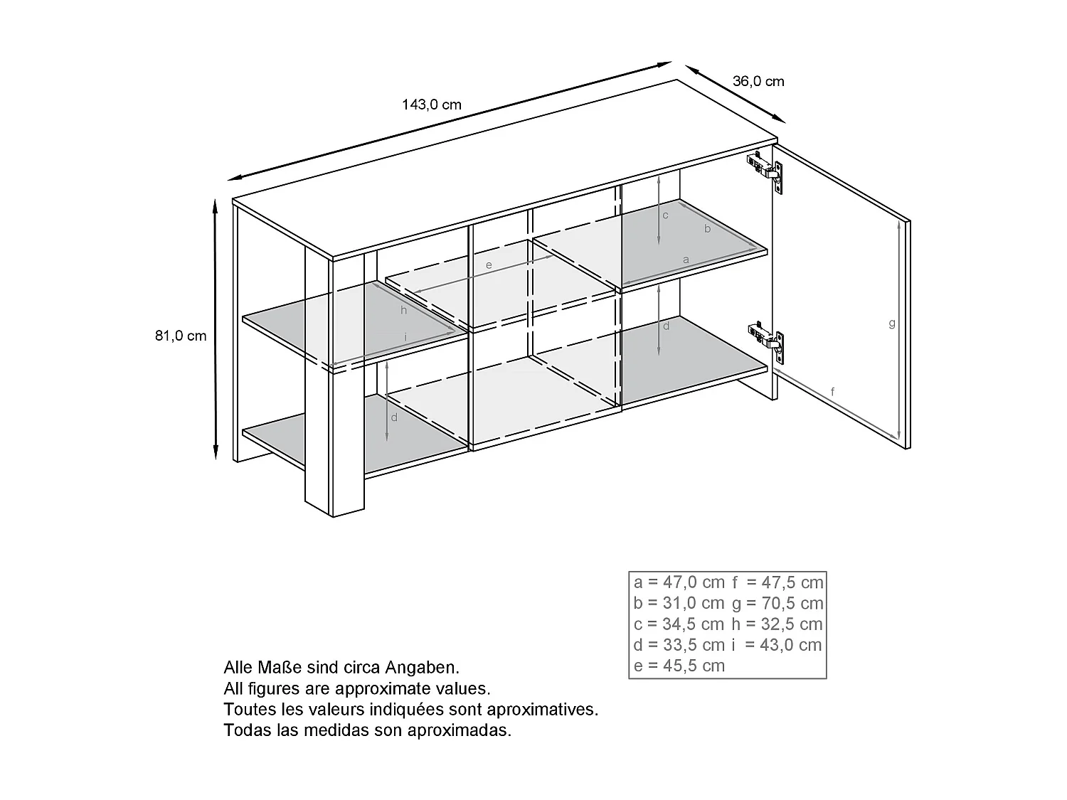 Credenza Canto, credenza lunga a 2 ante e 6 vani, mobile bianco opaco, frontali bianchi lucidi, pannelli decorativi violetto porpora lucido (143 x 81 x 36 cm)
