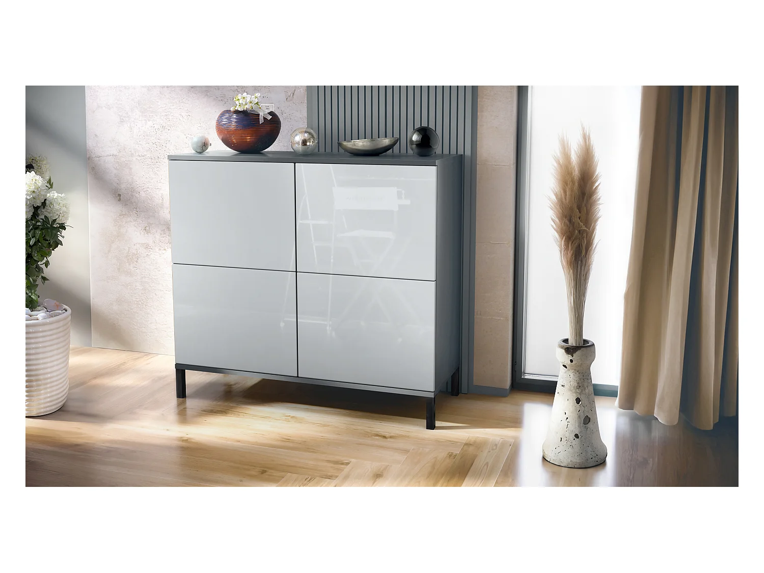 Buffet Rova V3 – Meuble de cuisine moderne avec 4 portes Push-to-Open anthracite mat / blanc haute brillance (92,5 x 83.5 x 35)