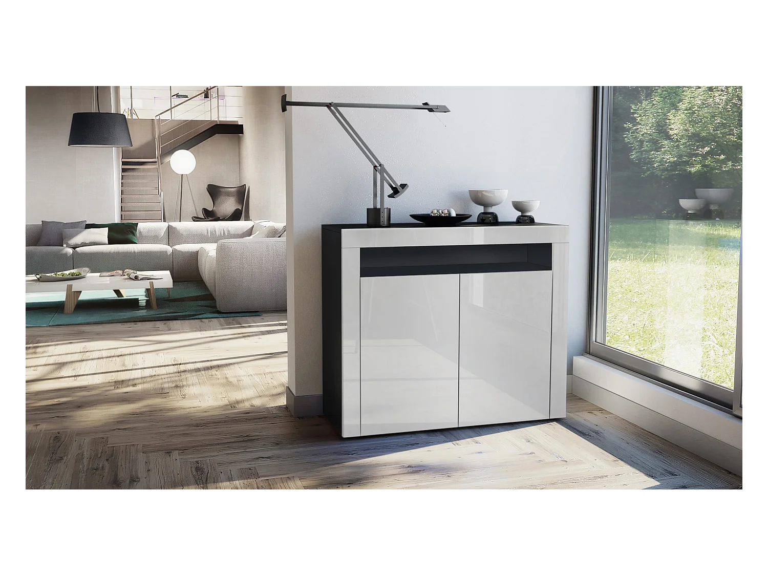 Buffet Valencia, Commode avec 2 portes et 1 compartiment ouvert, Noir mat/blanc haute brillance/blanc haute brillance (108 x 92 x 40 cm)