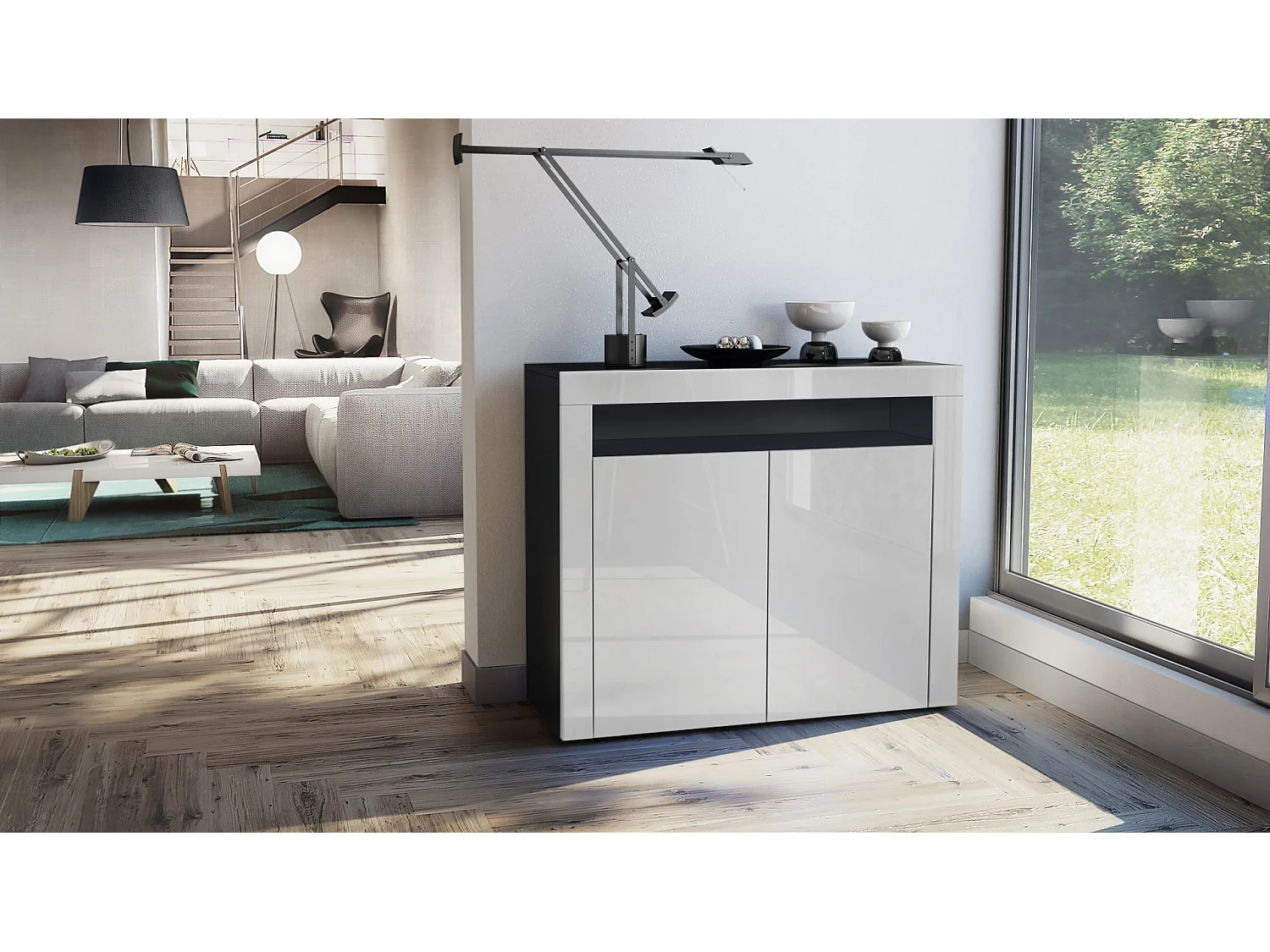 Mobiletto  City, credenza con 2 ante e 1 scomparto aperto, nero opaco/bianco lucido/bianco lucido (108 x 92 x 40 cm)
